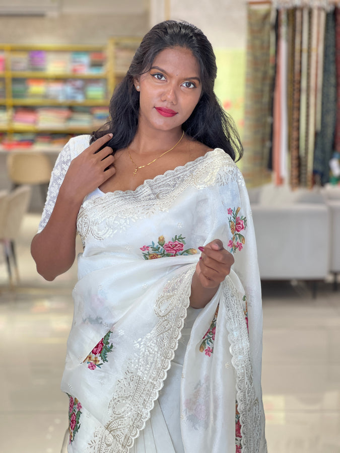 Cross Stitch Embroidery & Sequins Detailed Shimmer Organza Saree | SUN540