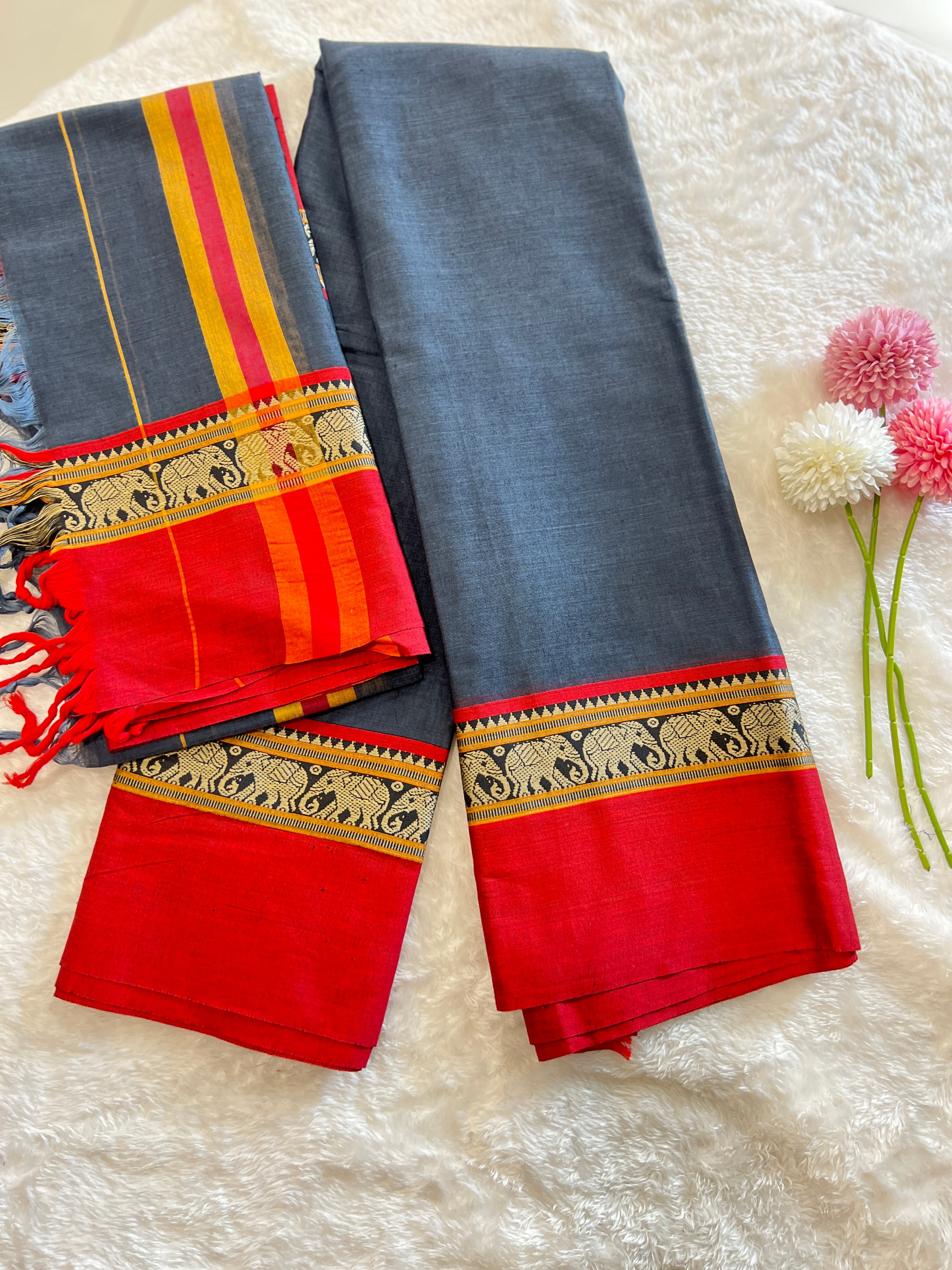 Elephant Motif Bordered Kanchi Cotton Dhavani Set | GAS108