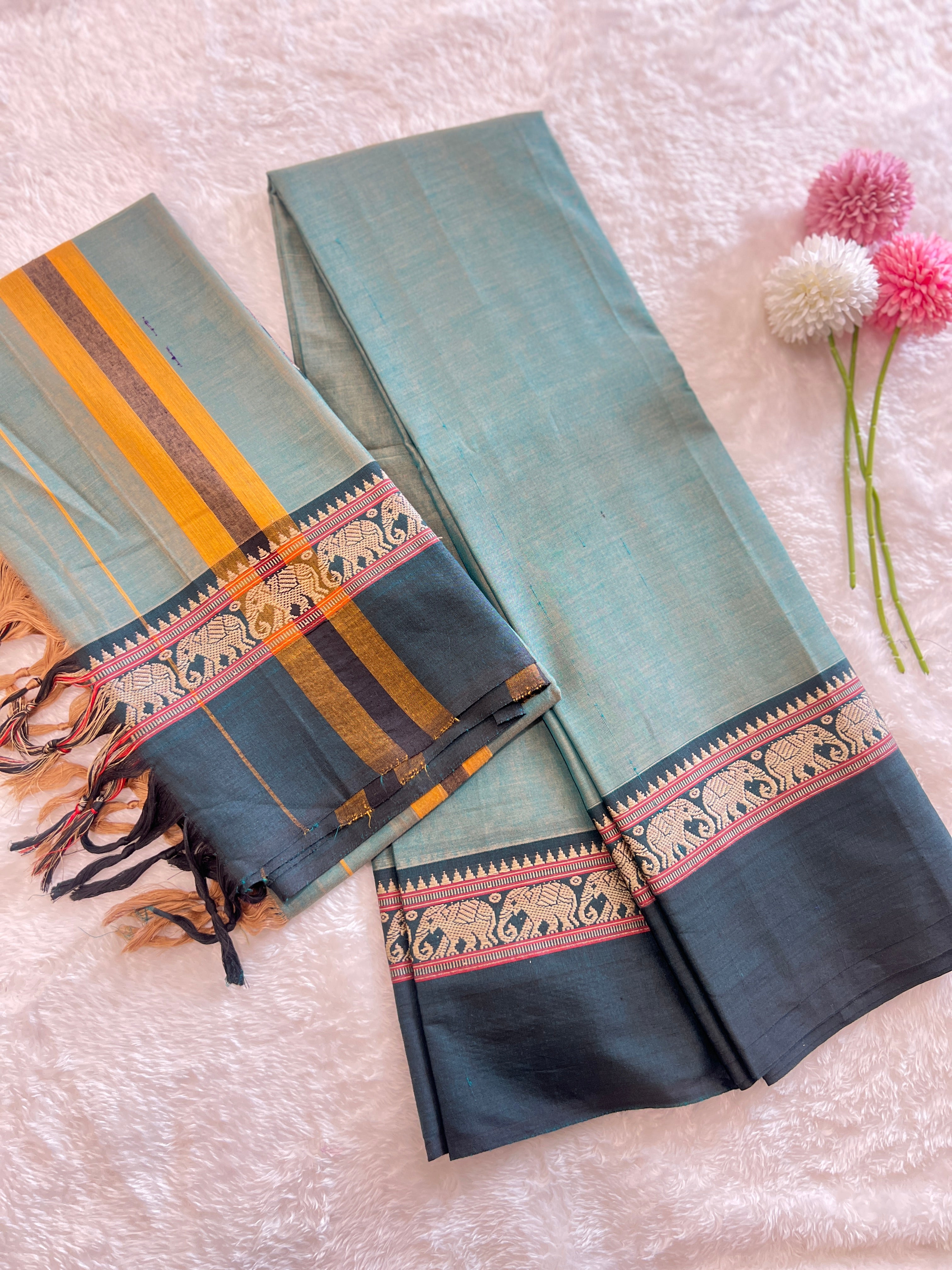 Elephant Motif Bordered Kanchi Cotton Dhavani Set | GAS106