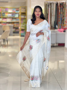 Cross Stitch Embroidery & Sequins Detailed Shimmer Organza Saree | SUN540