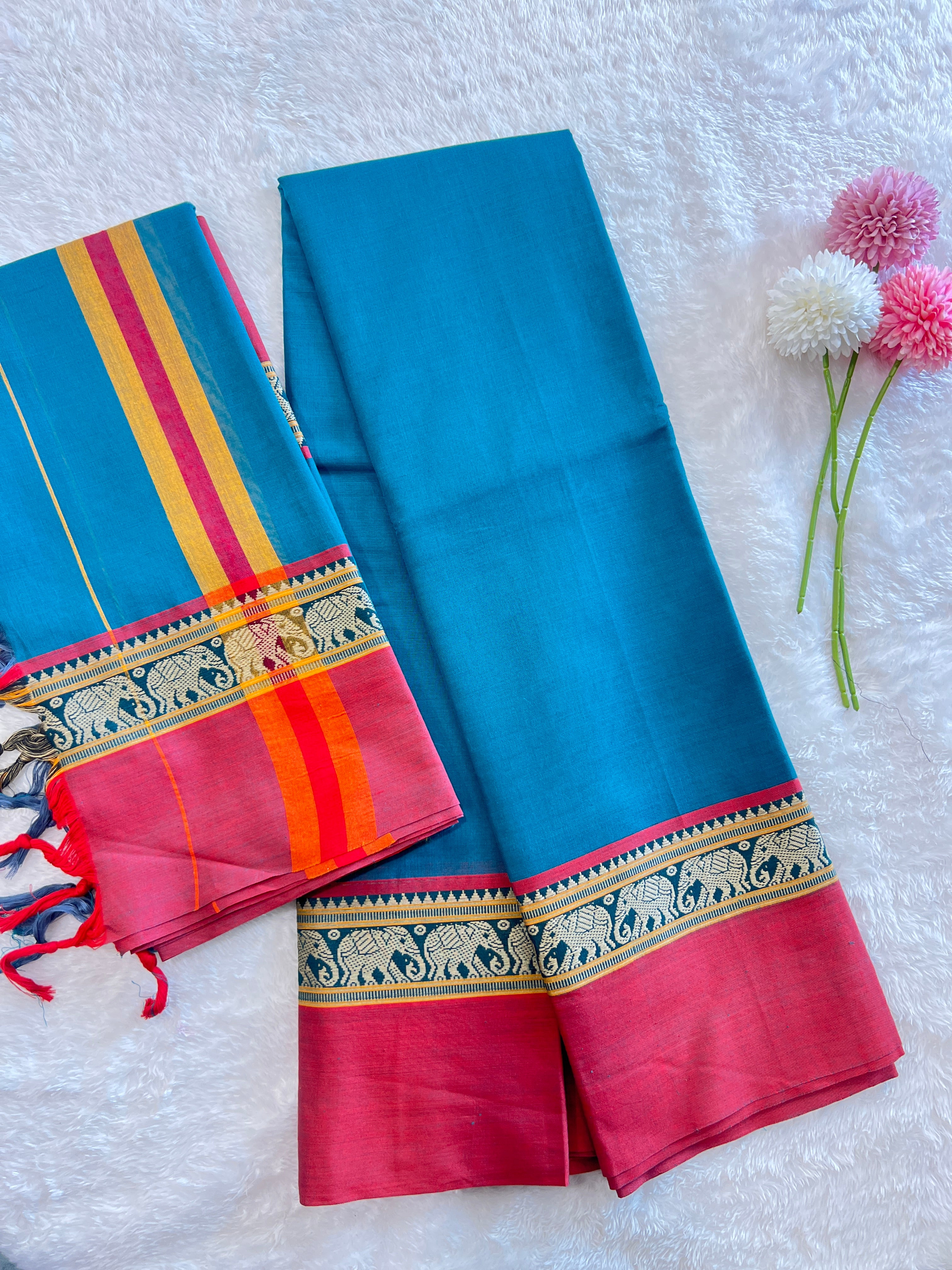 Elephant Motif Bordered Kanchi Cotton Dhavani Set | GAS105