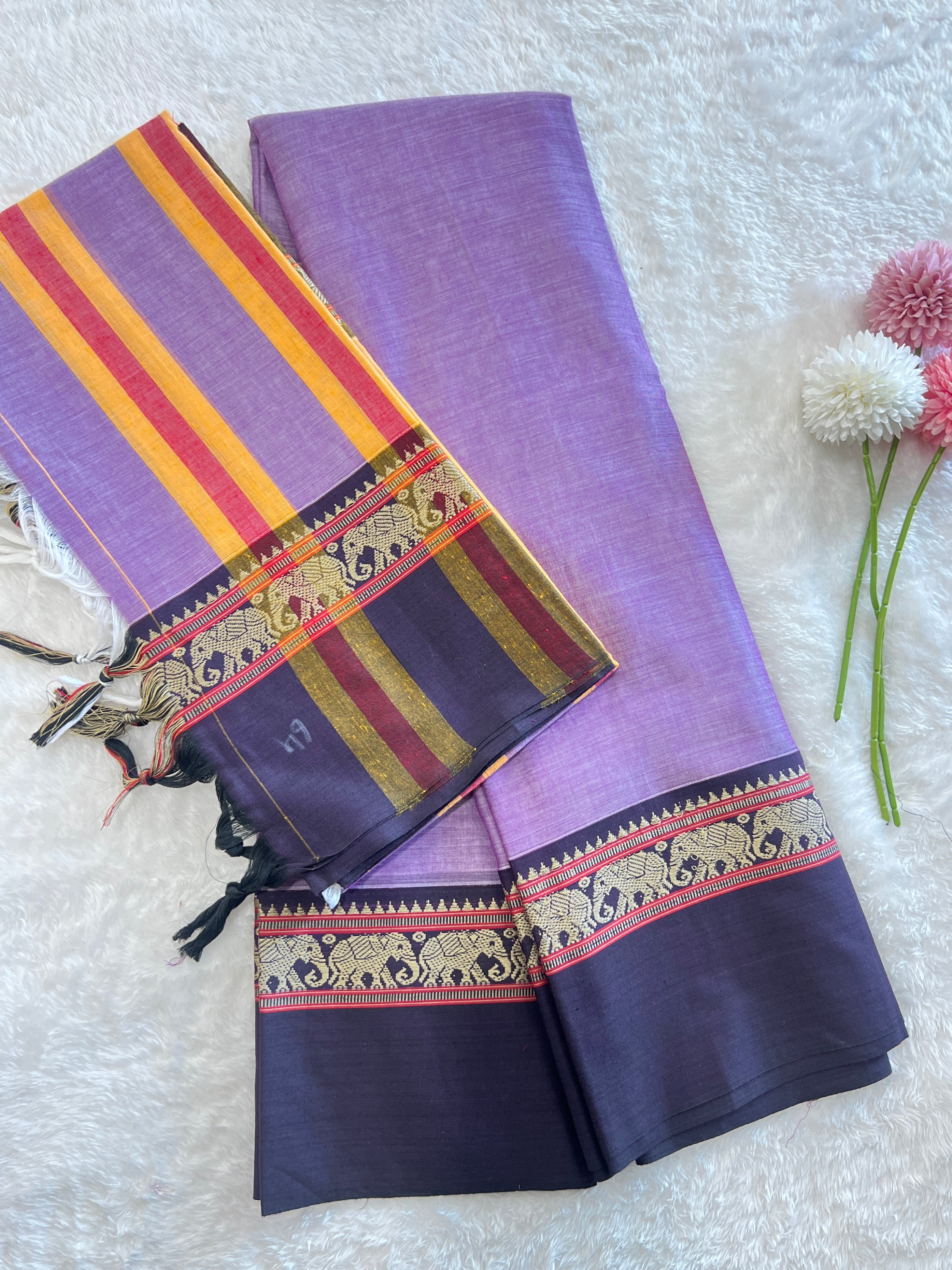 Elephant Motif Bordered Kanchi Cotton Dhavani Set | GAS101