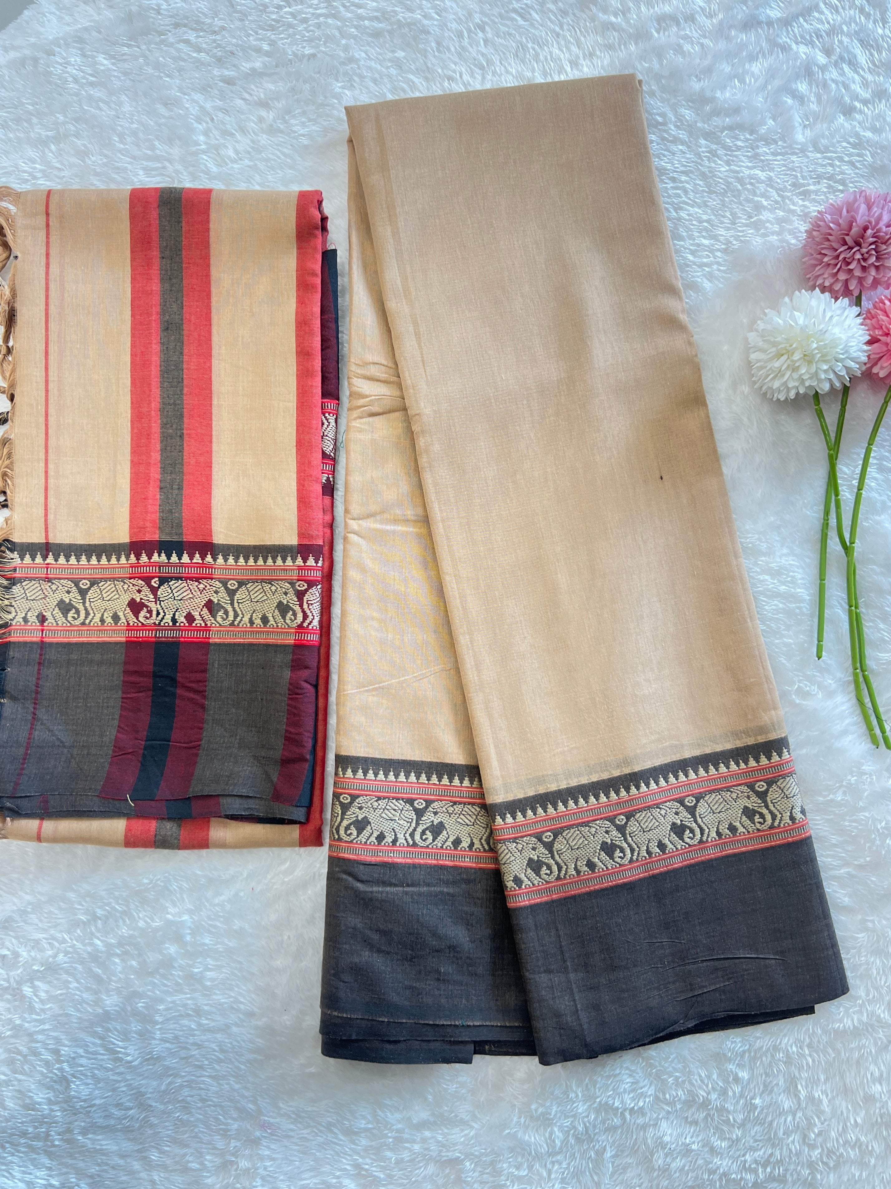 Elephant Motif Bordered Kanchi Cotton Dhavani Set | GAS103