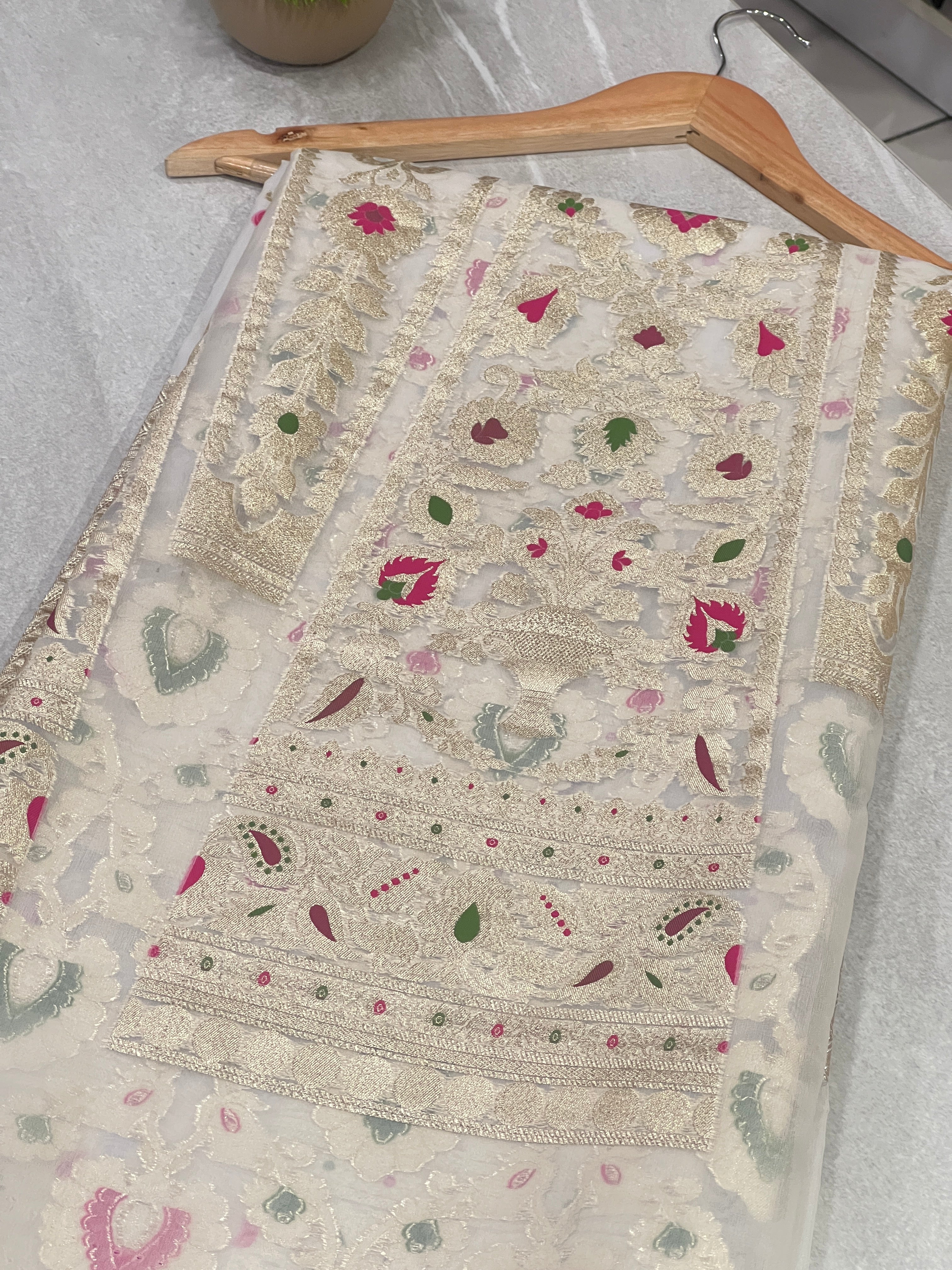 Zari Woven Brocade Patterned Organza Lehenga Material | FC149