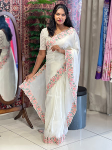 Floral Embroidered Crushed Shimmer Organza Saree | SUN586
