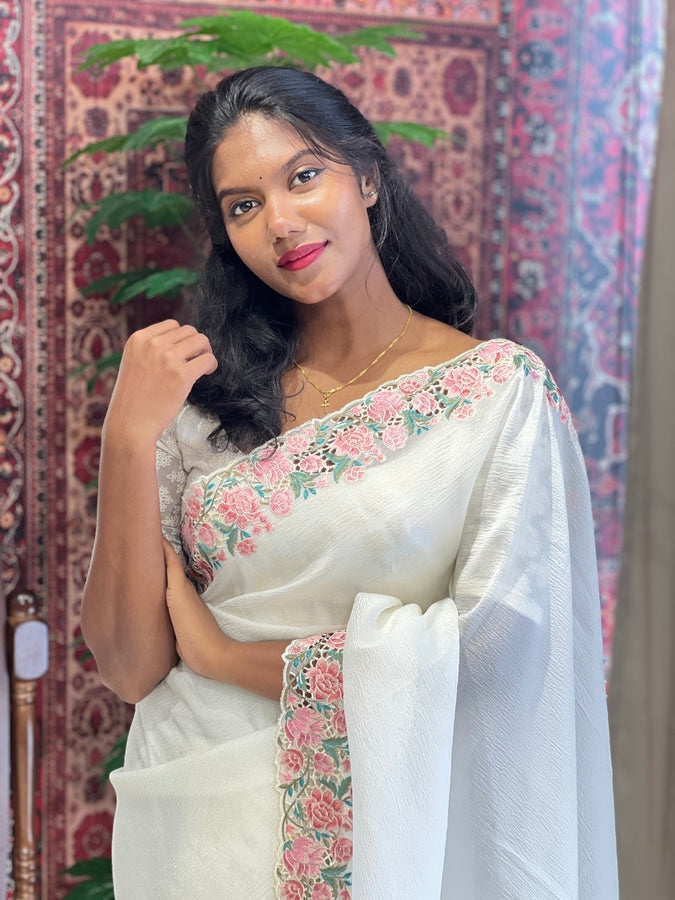 Floral Embroidered Crushed Shimmer Organza Saree | SUN586