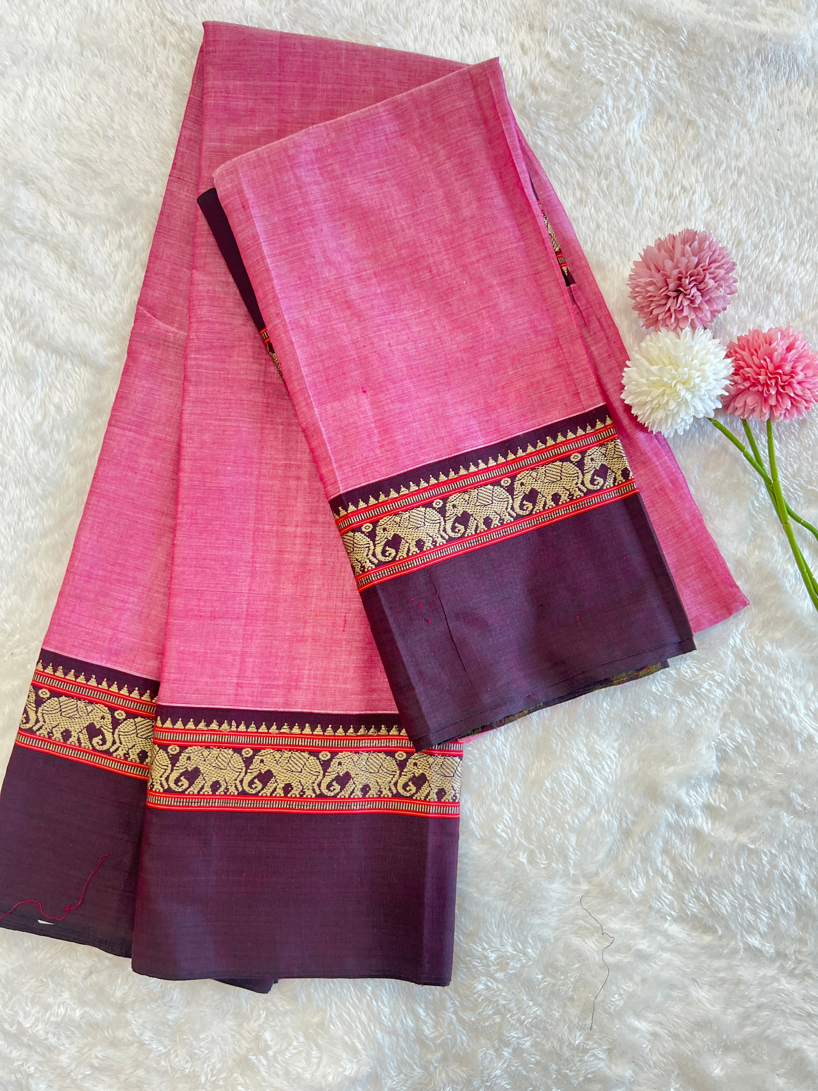 Elephant Motif Bordered Kanchi Cotton Dhavani Set | GAS104