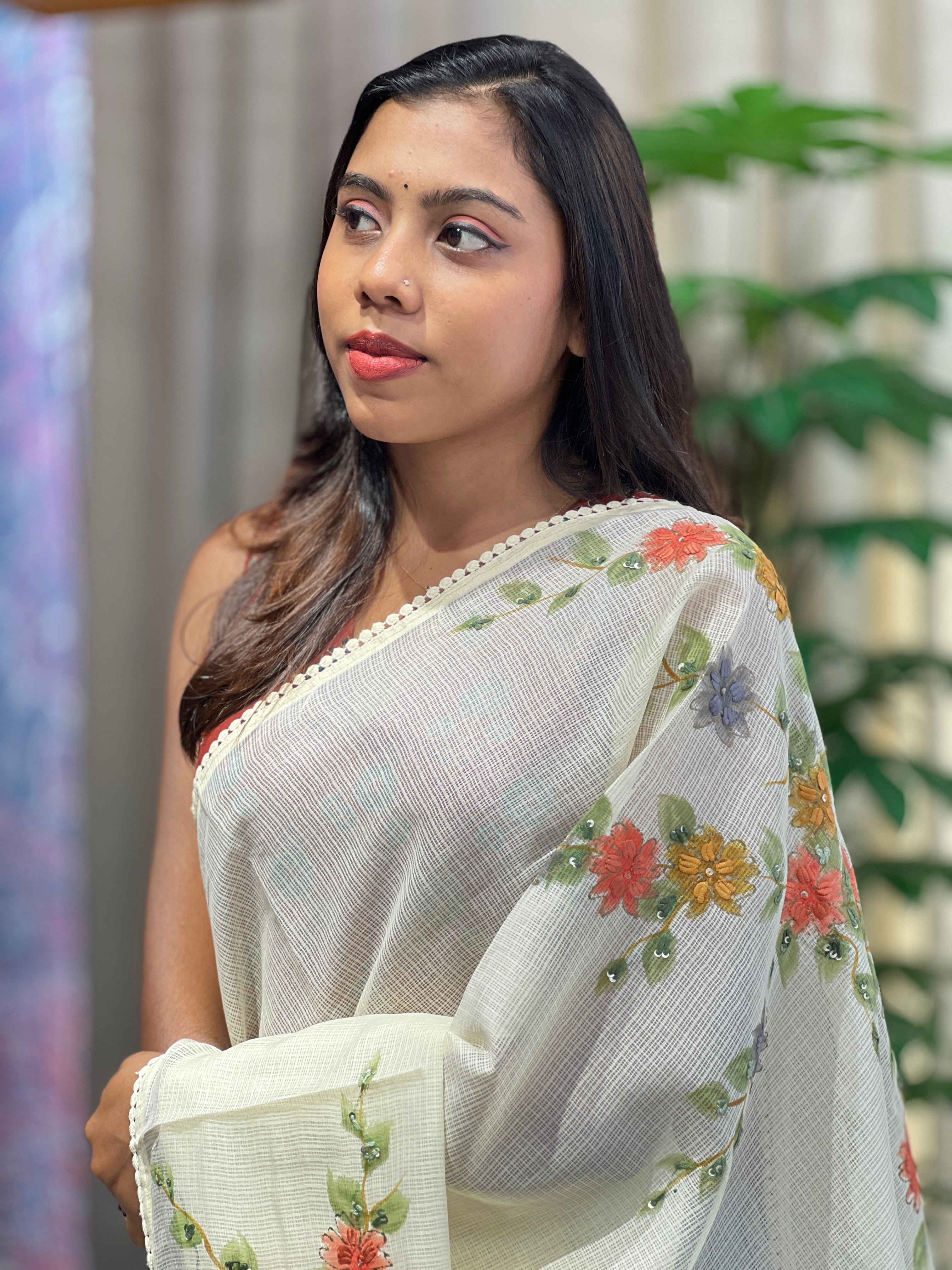 Floral Paint With Embroidery Highlighted Kota Saree | BLD1977