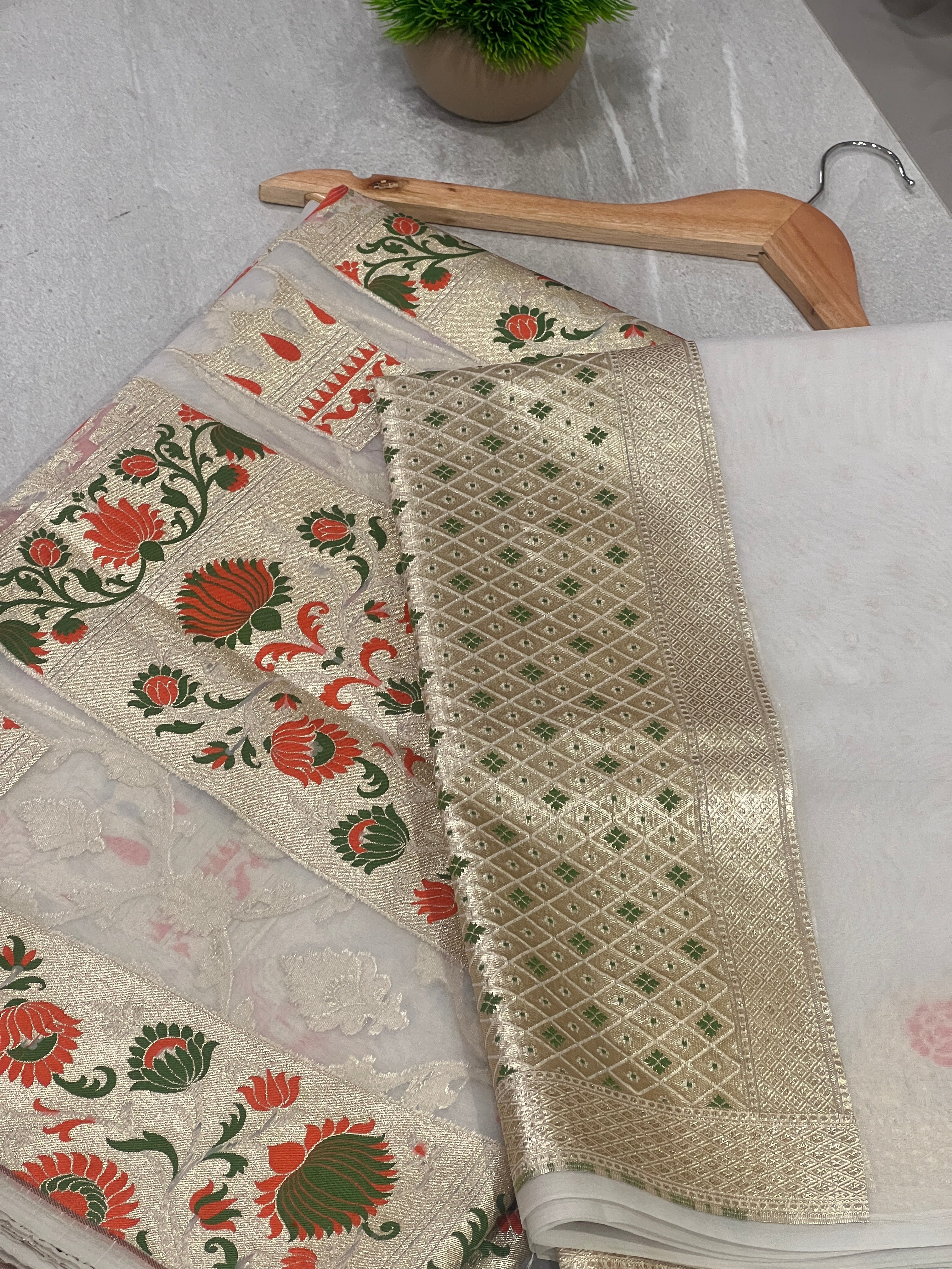 Zari Woven Brocade Patterned Organza Lehenga Material | FC148