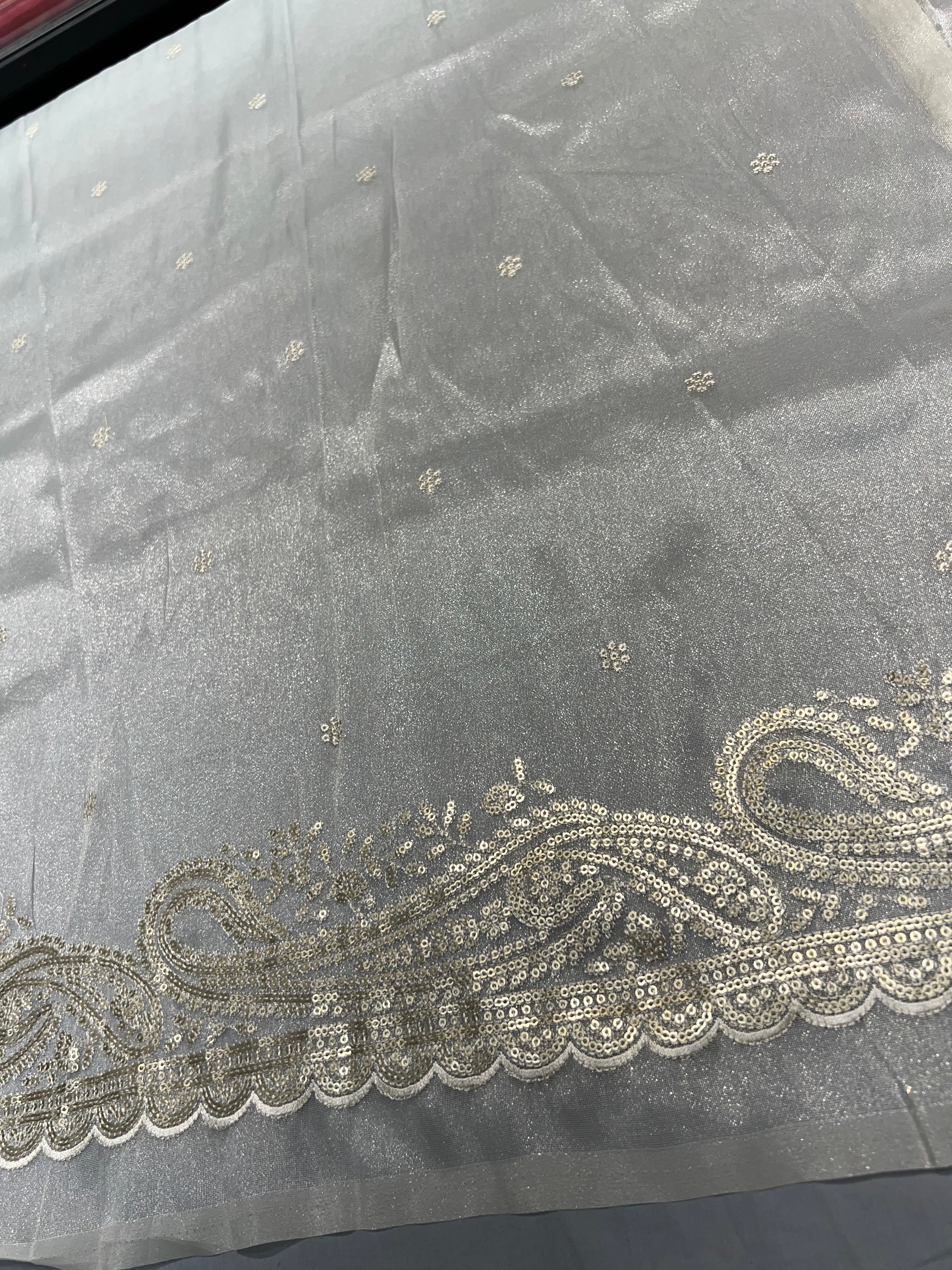 Cross Stitch Embroidery & Sequins Detailed Shimmer Organza Saree | SUN540