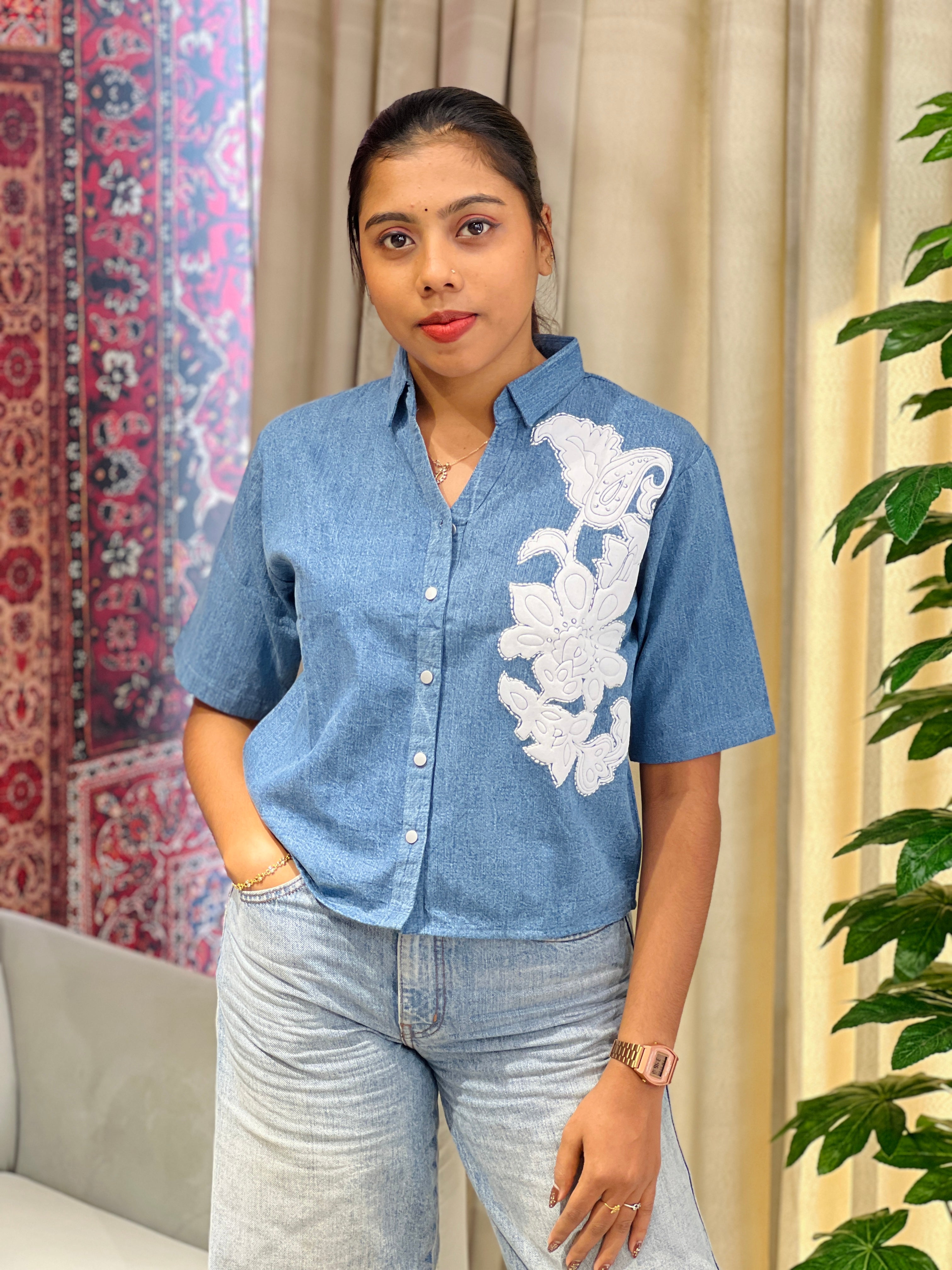 Embroidery Detailed Denim Short Kurta | PGI284