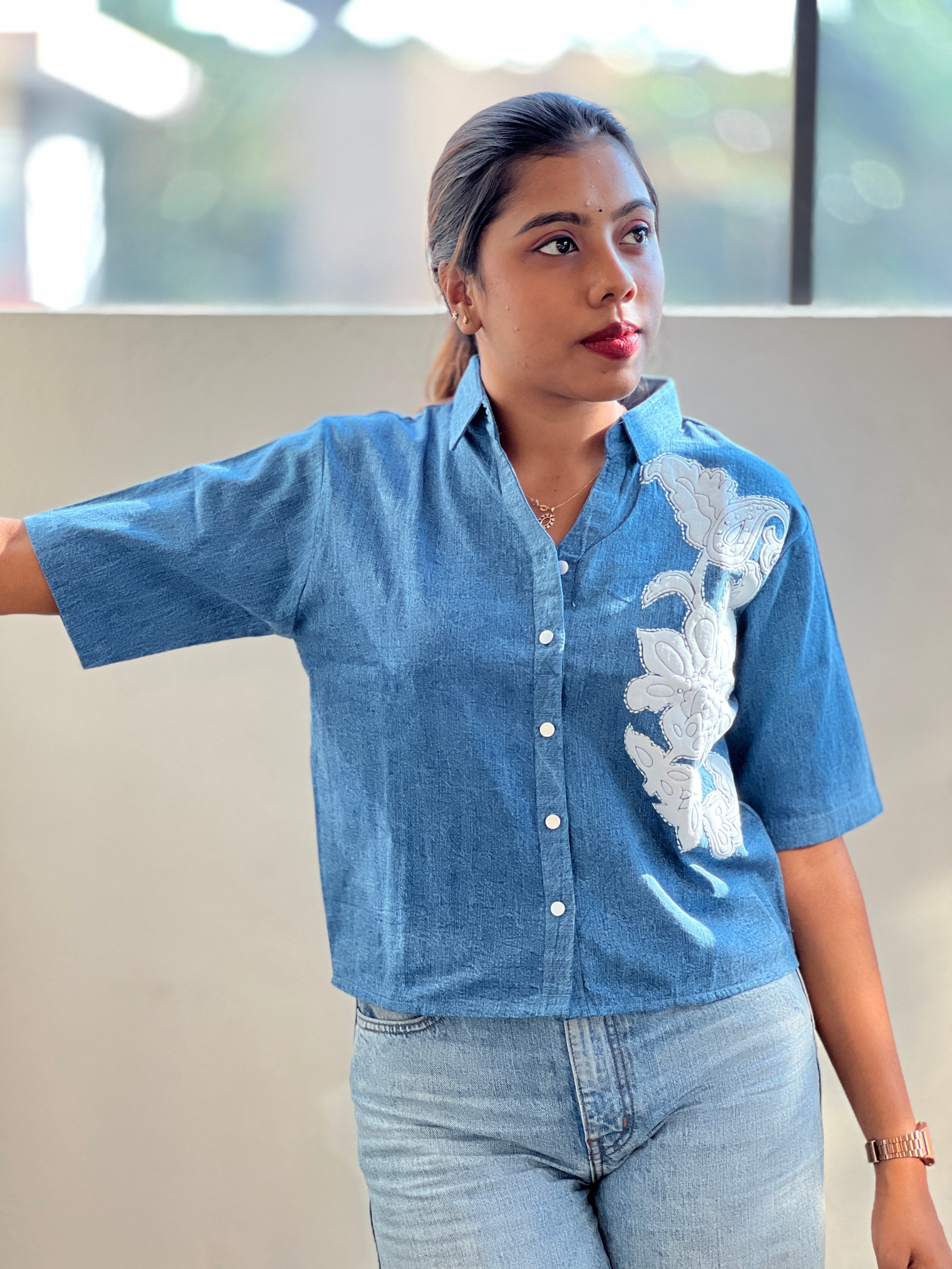 Embroidery Detailed Denim Short Kurta | PGI284