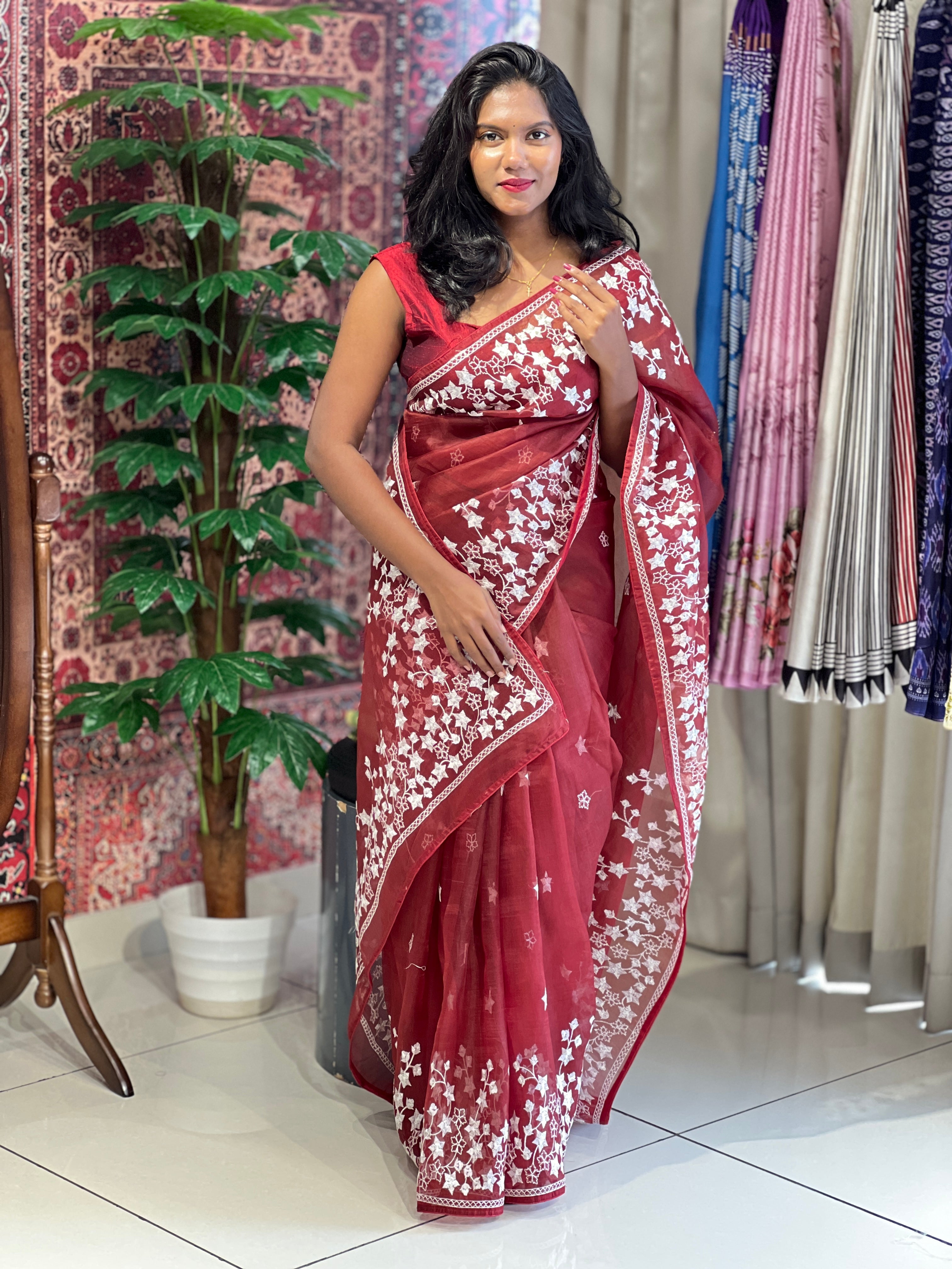 Floral Star Embroidery Design  Organza Saree | SK280