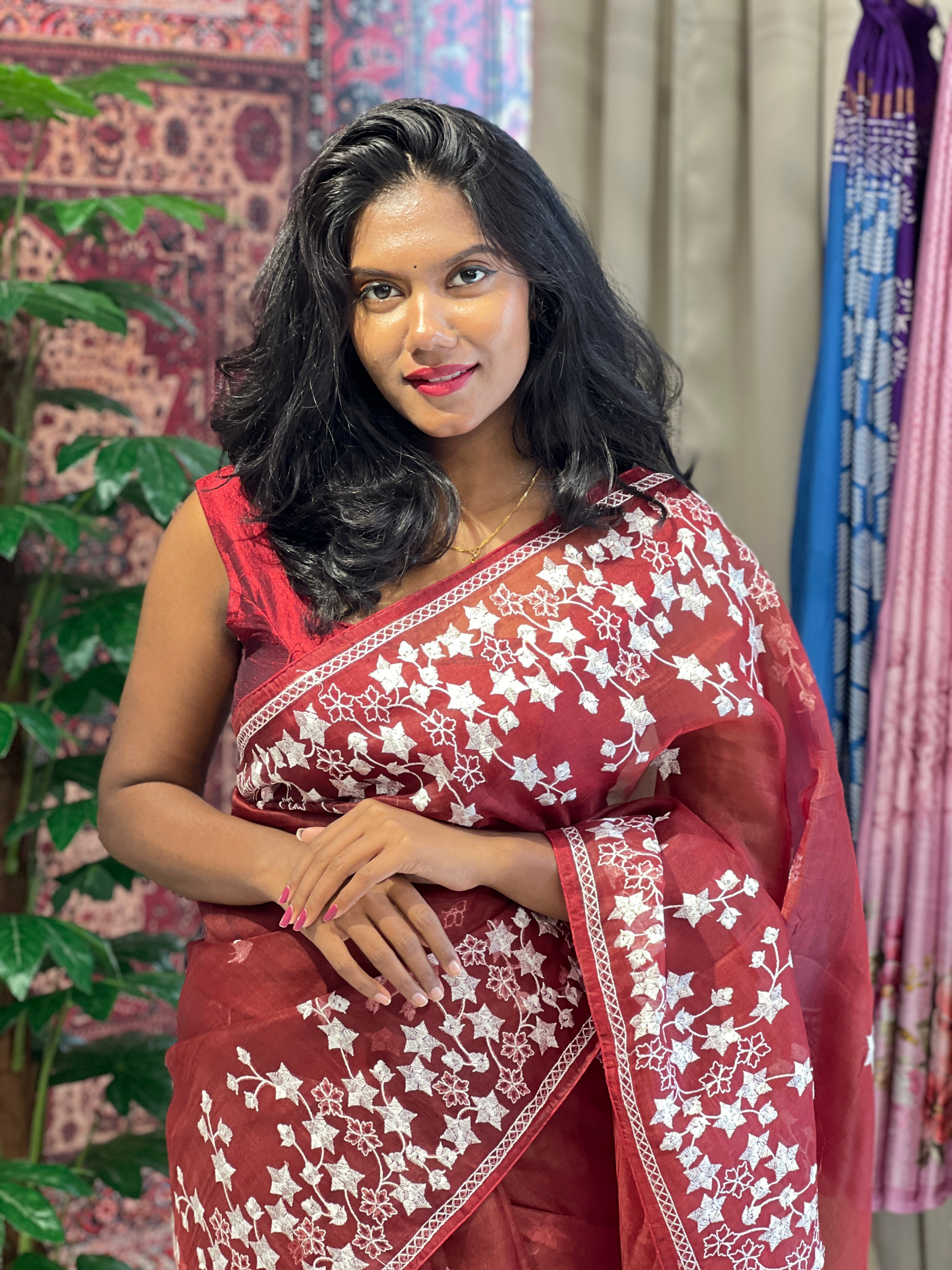 Floral Star Embroidery Design  Organza Saree | SK280