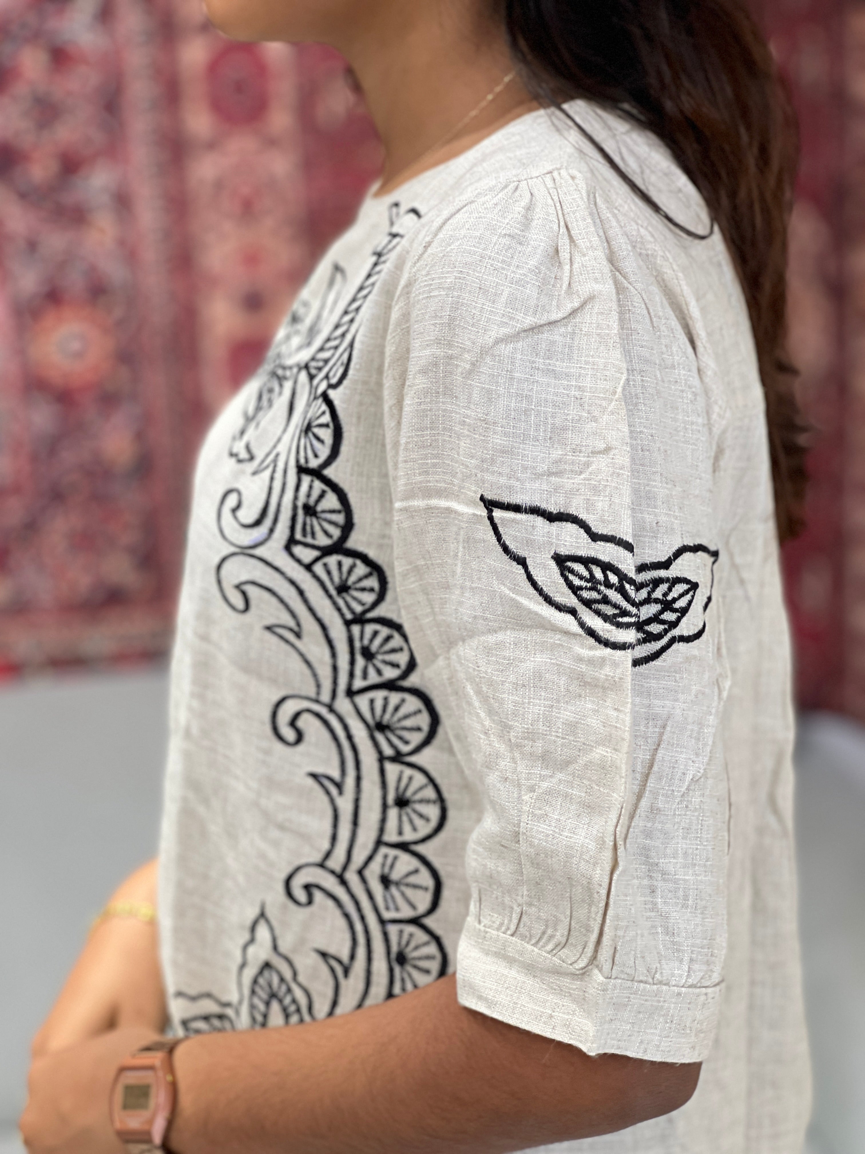 Machine Embroidered Linen-Cotton Short Kurta | PGI255