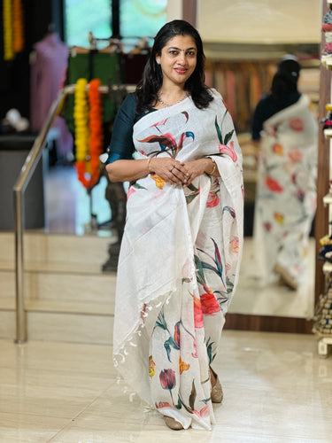 Floral Digital Print Detailed Linen Saree | MR397