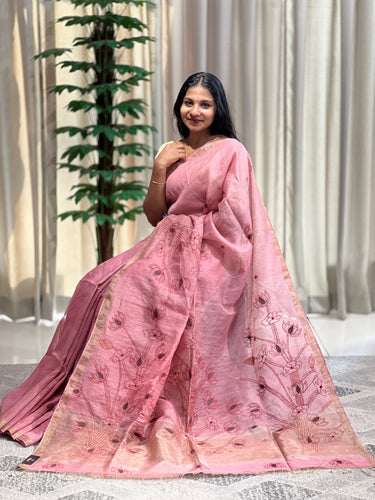 Hand Kantha Weaved Silk Linen Saree | RGD680
