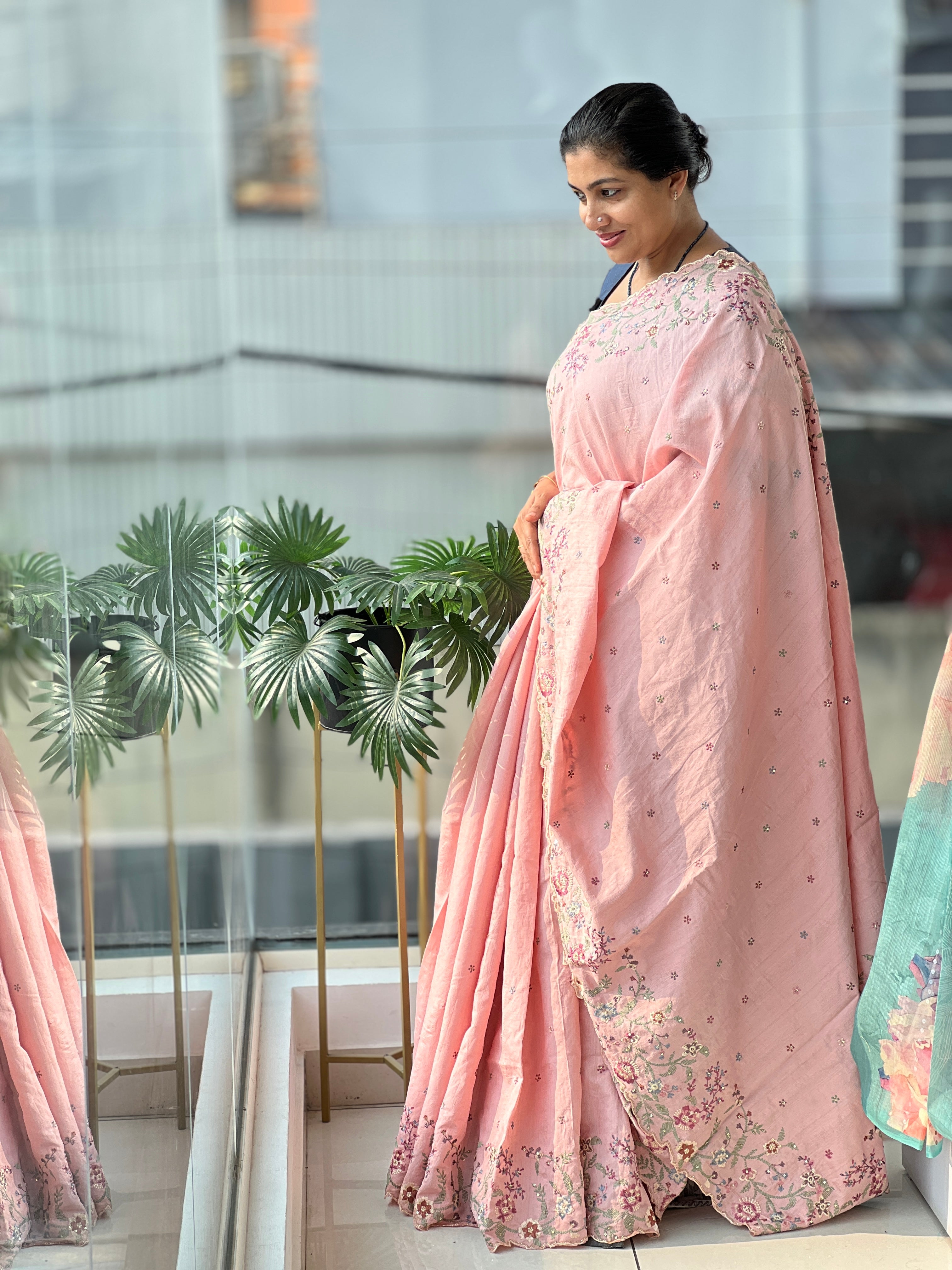 Floral Machine Embroidery  Semi Tussar Saree | DVS219