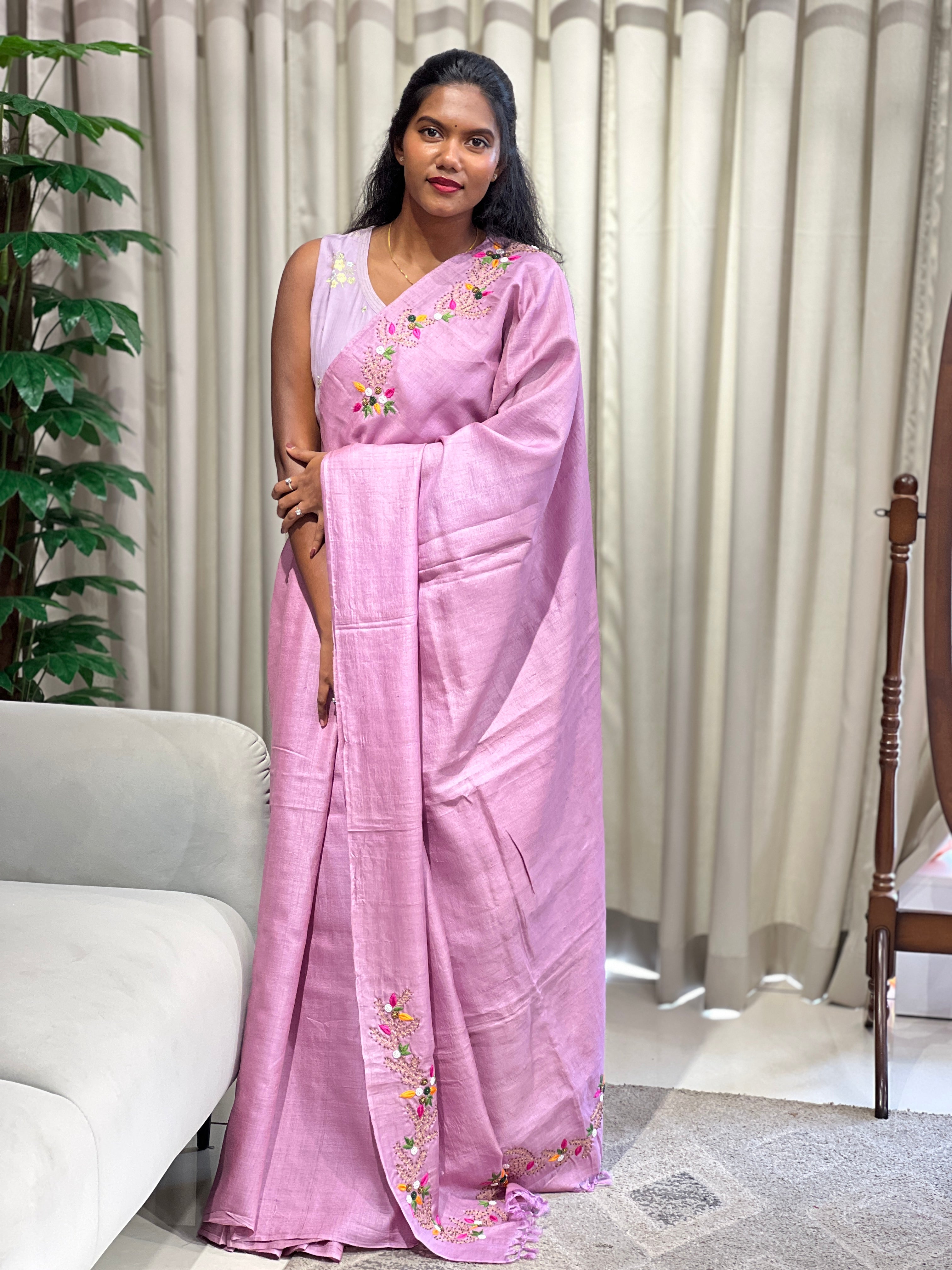 Hand Work And Machine Embroidery Detailed Pure Tussar Saree | DN785