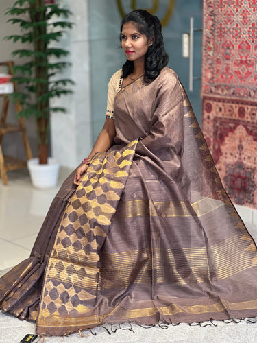 Copper Zari Woven Bhagalpuri Linen Saree | MRD279