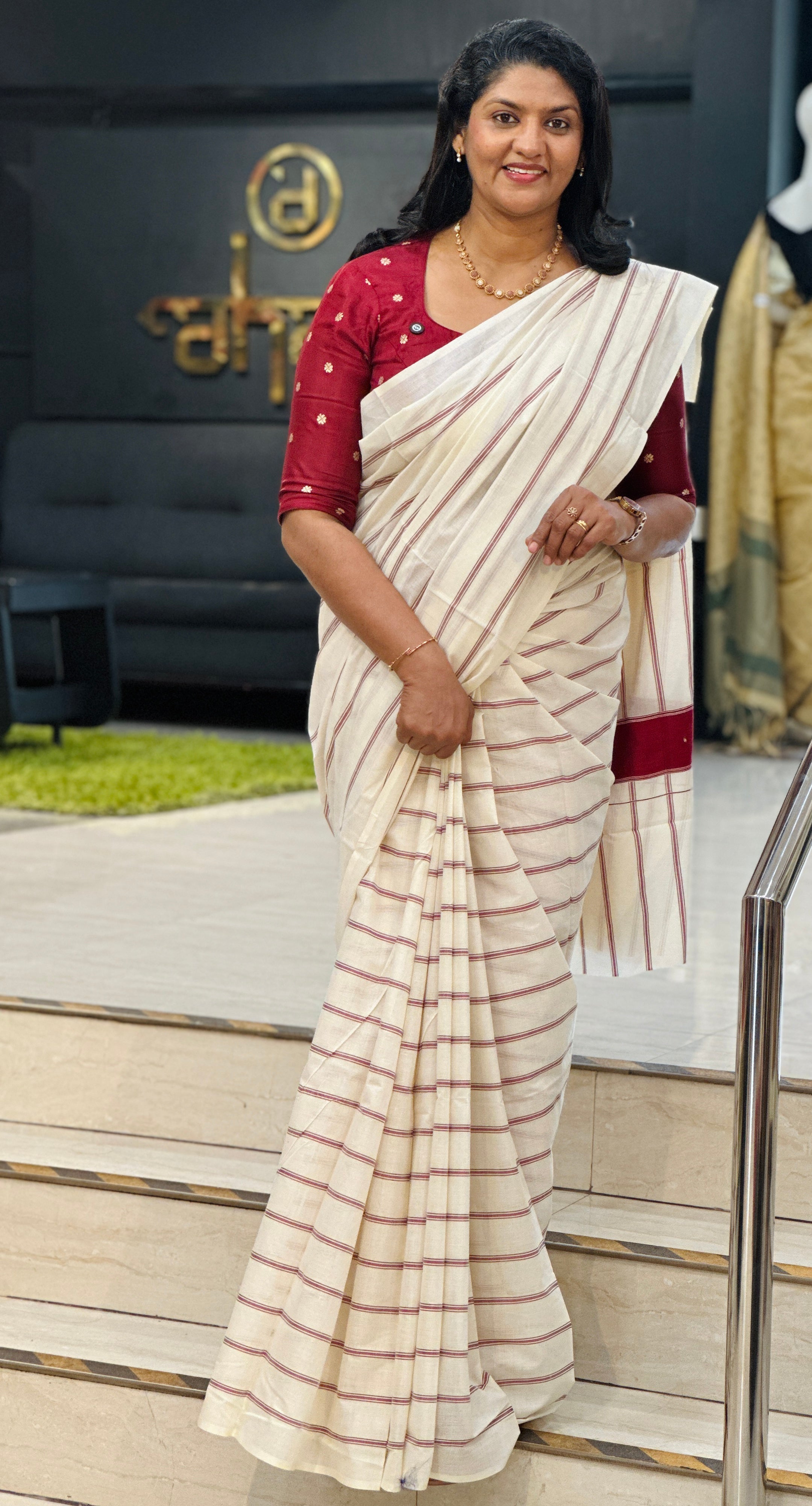 Horizontal Stripe Pattern Kerala Cotton Saree | RLF109