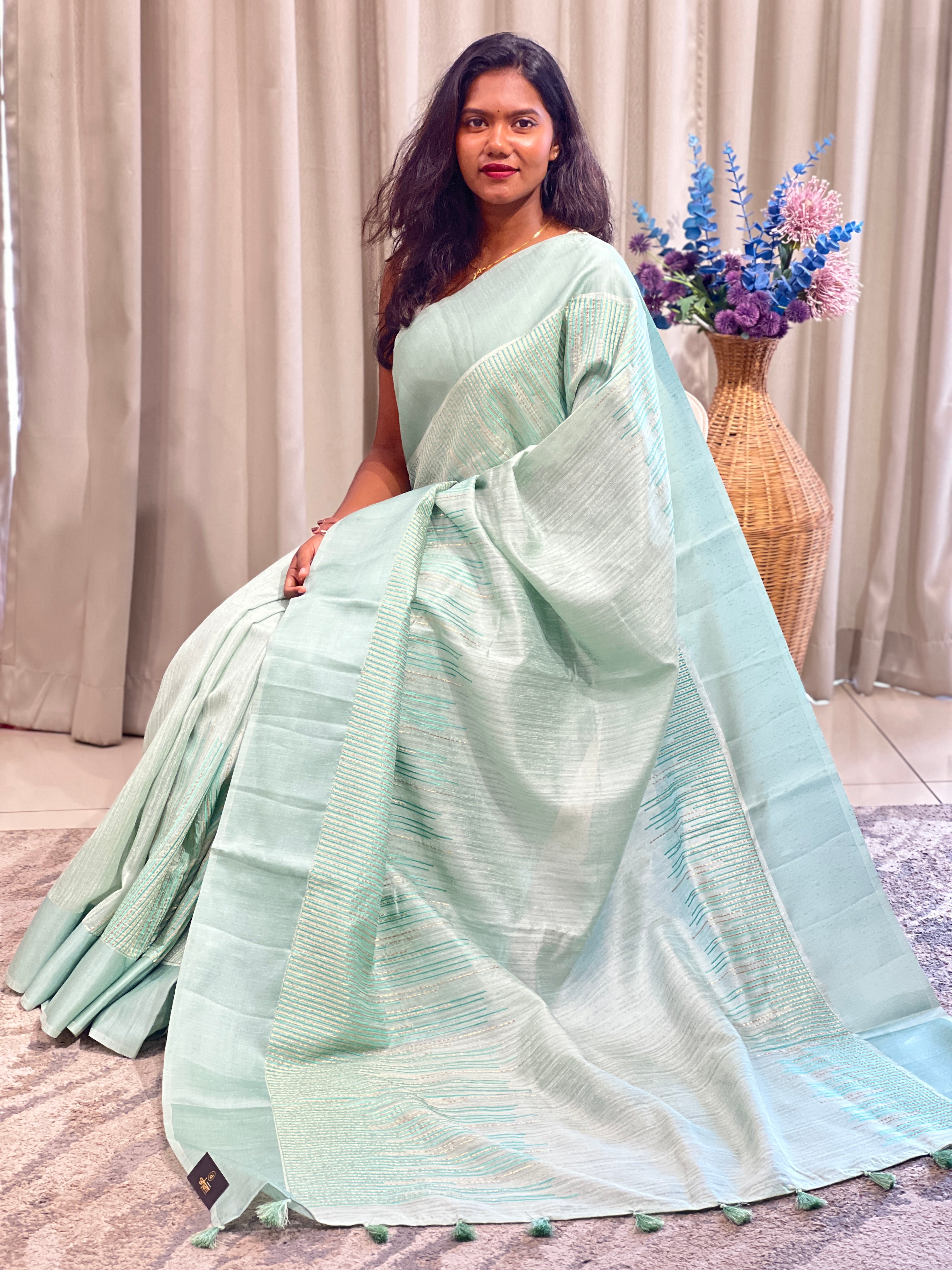 Line Embroidered Green Silk Saree |ZSS507