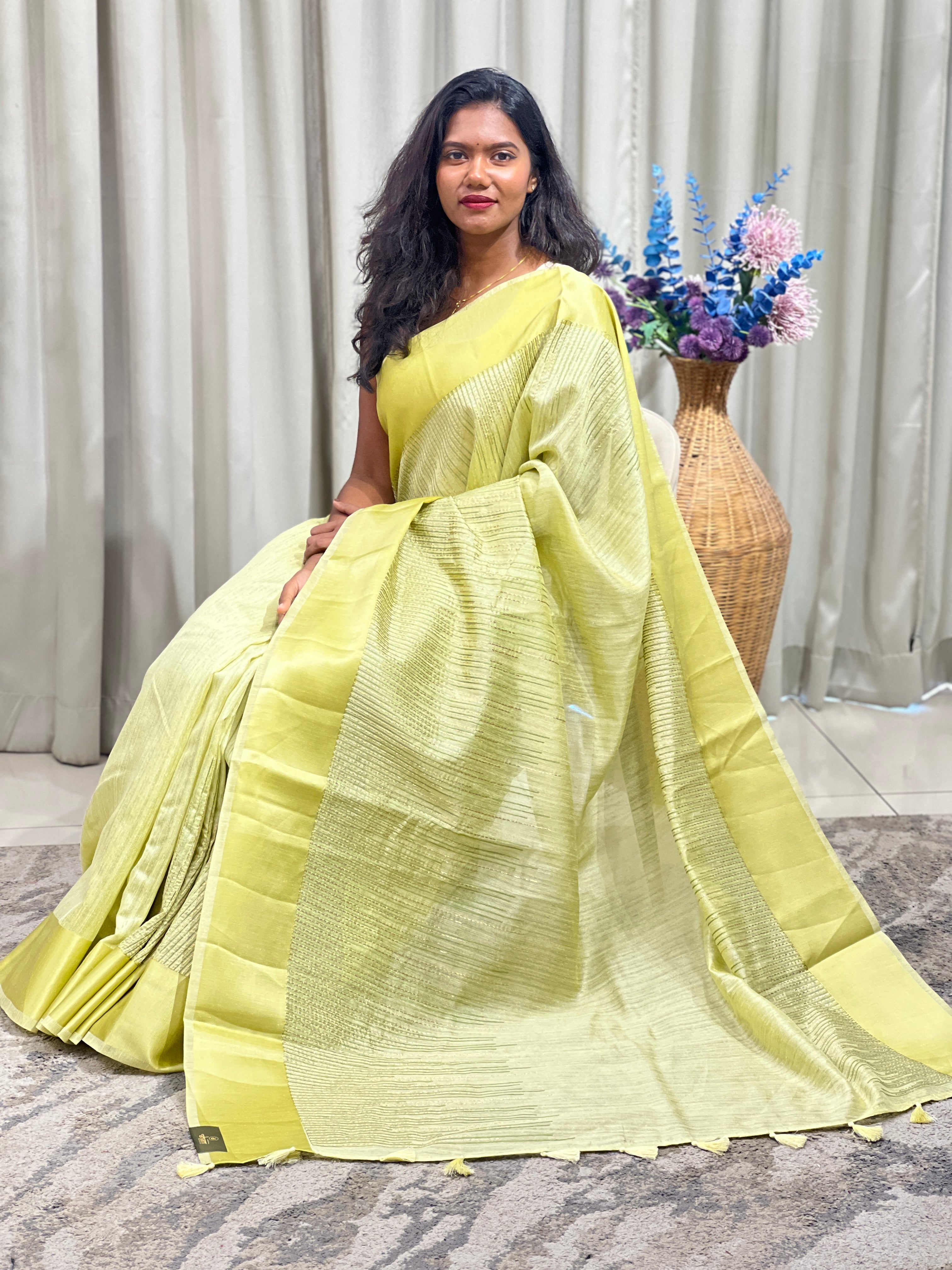 Line Embroidered Green Silk Saree | ZSS508