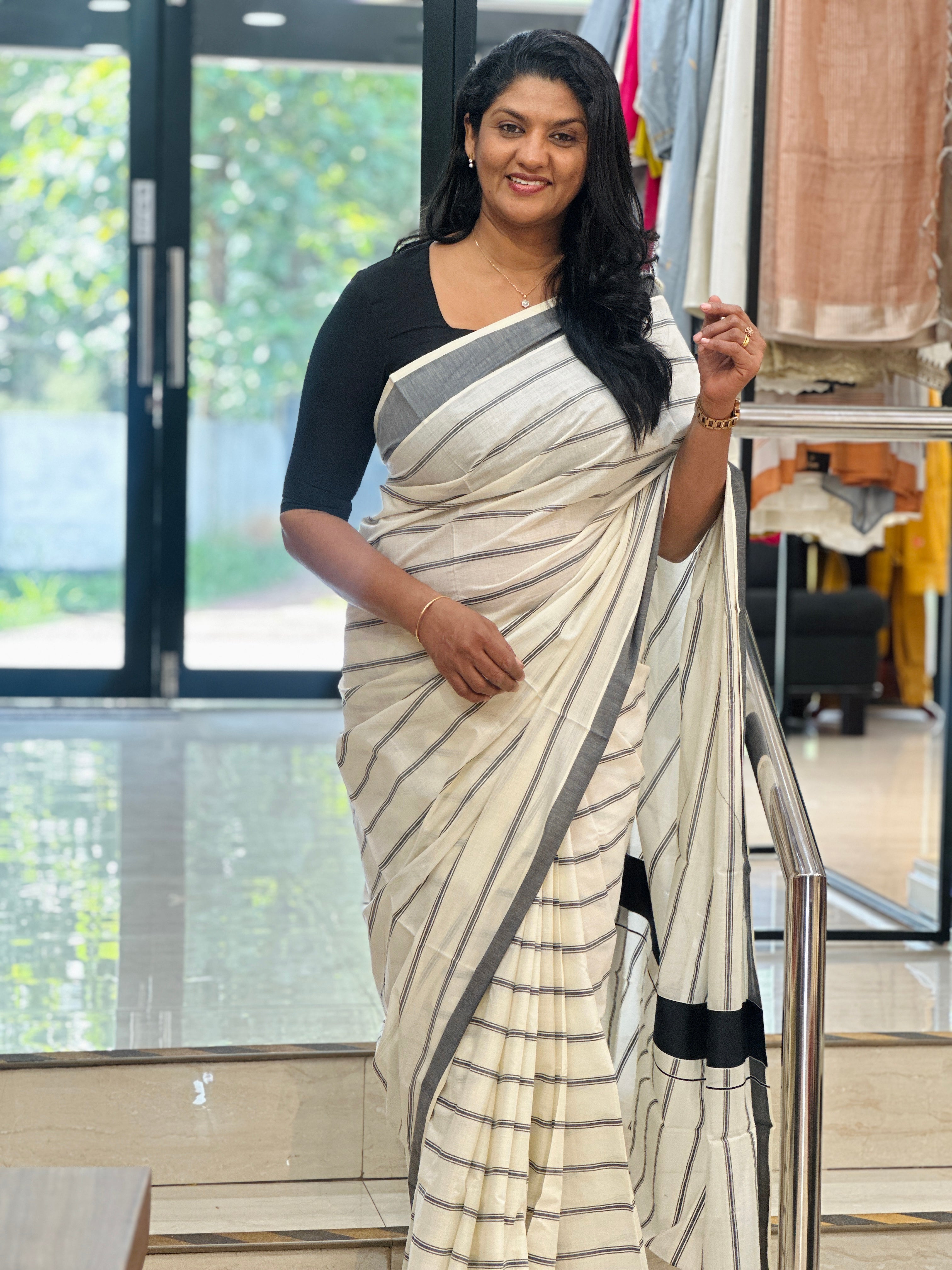 Horizontal Stripe Pattern Kerala Cotton Saree | RLF108