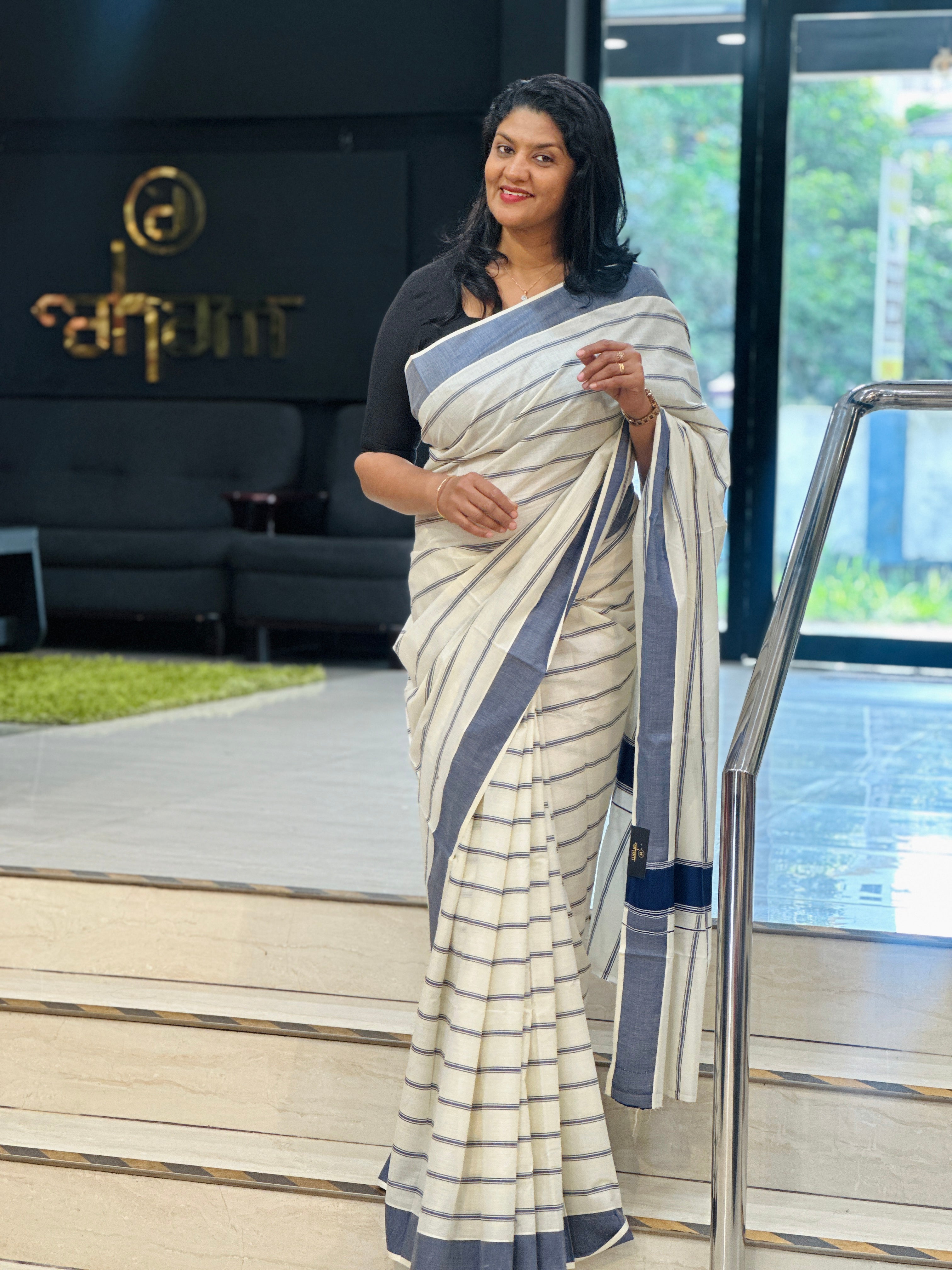 Horizontal Stripe Pattern Kerala Cotton Saree | RLF110