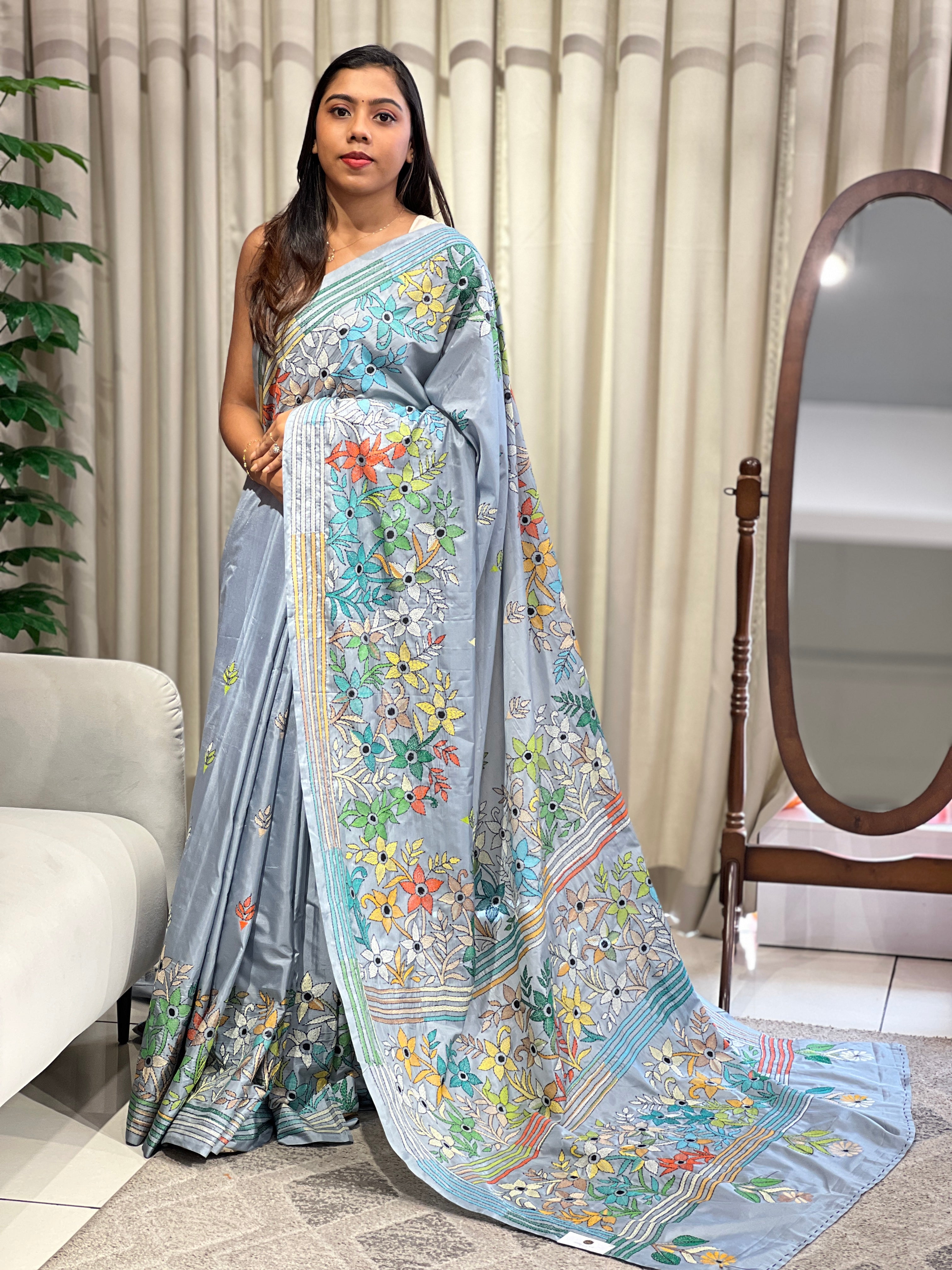 Nakshi Kantha Embroidered Bangalore Silk Saree | AYD236