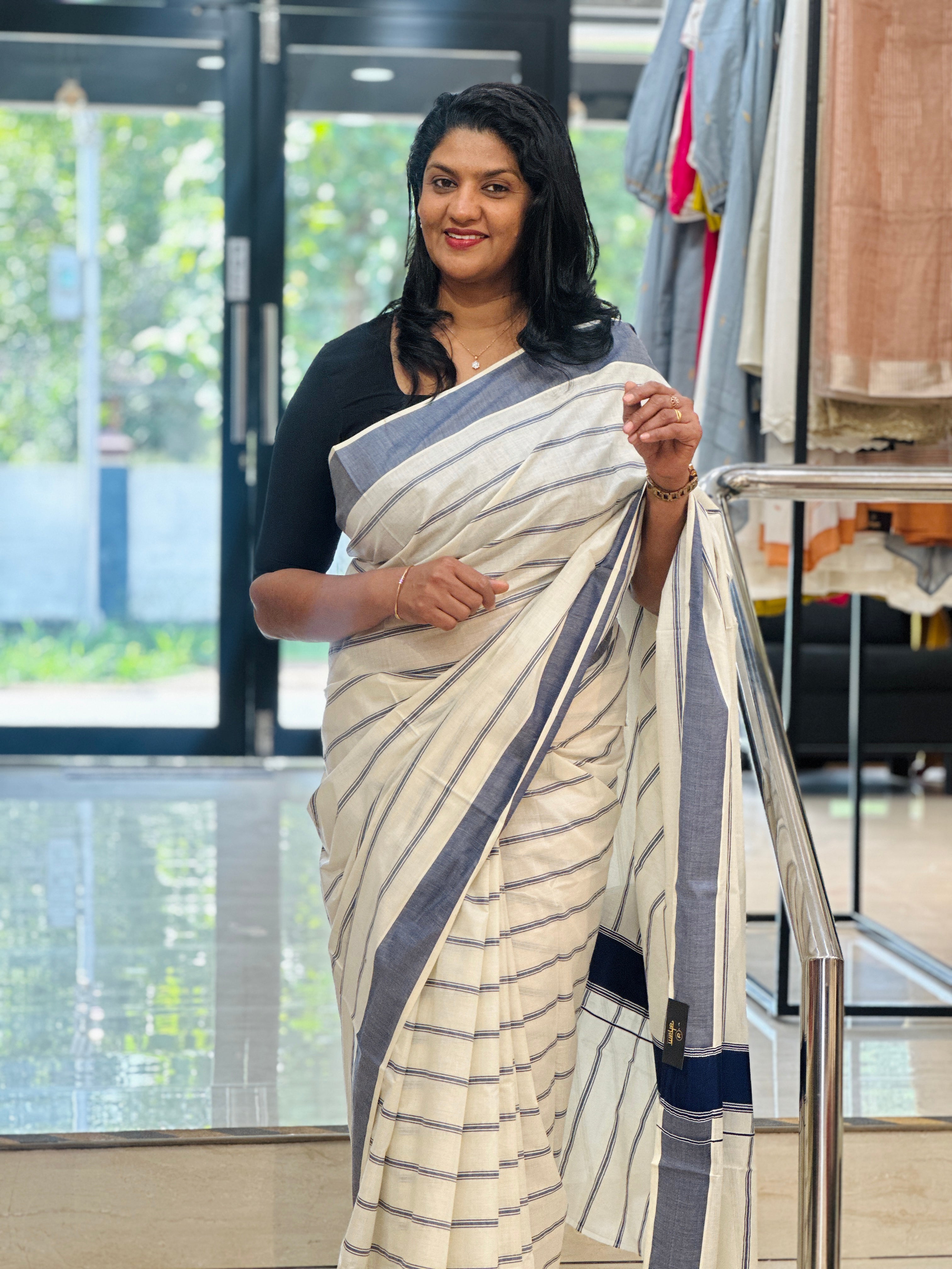 Horizontal Stripe Pattern Kerala Cotton Saree | RLF110