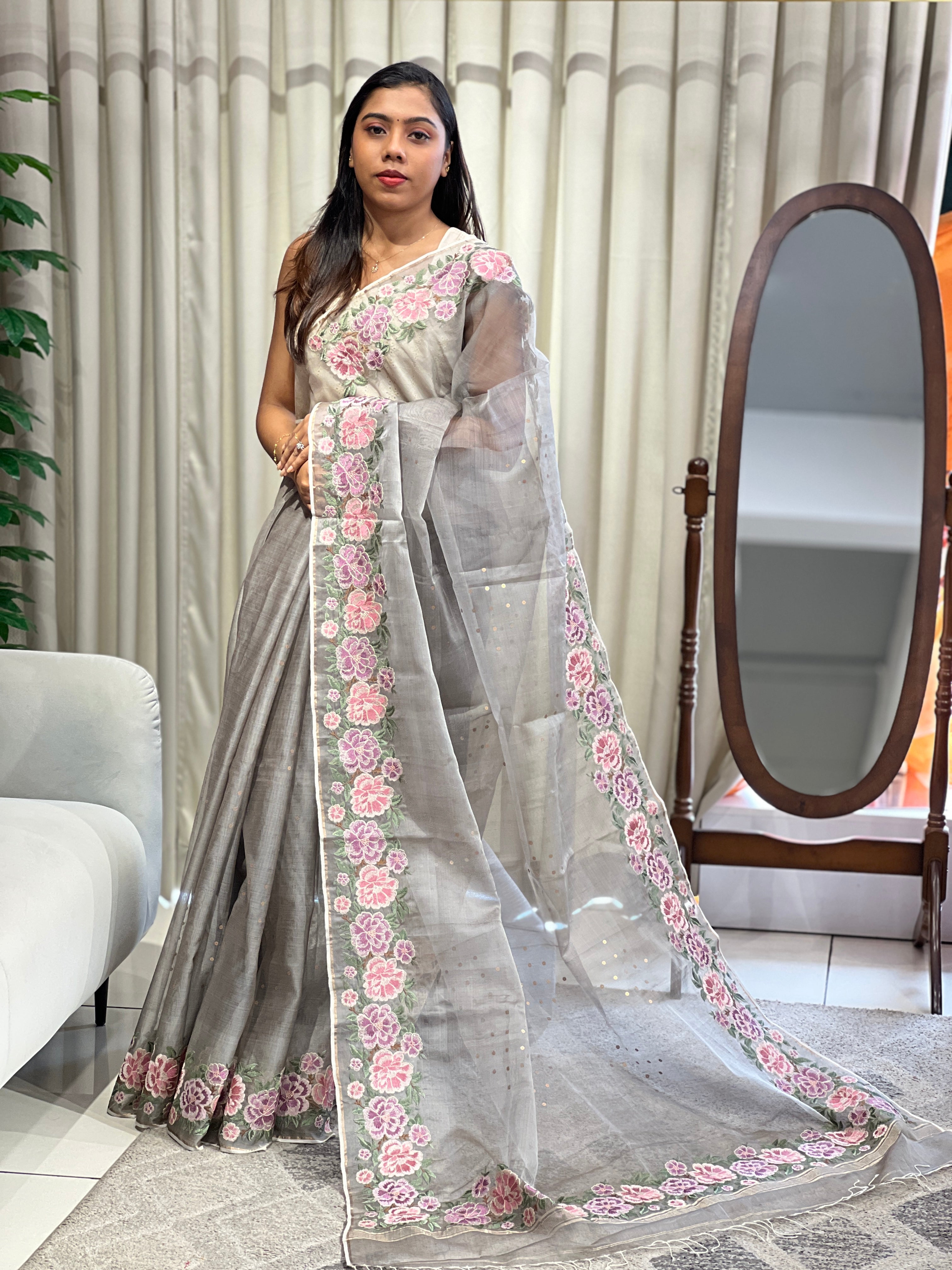 Floral Embroidery Tussar Organza Saree | RGD204