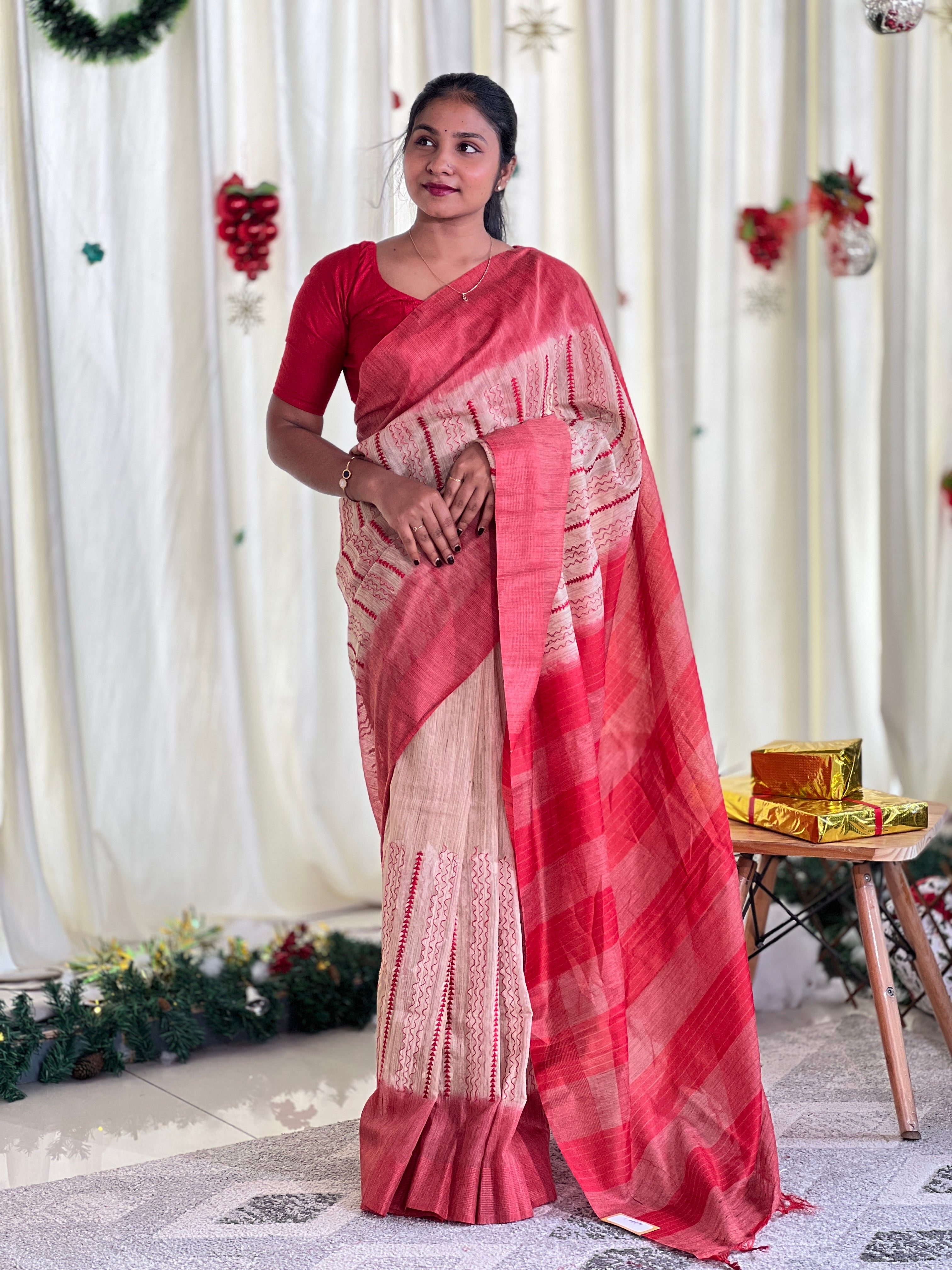 Machine Embroidery Detailed Bhagalpuri Linen Saree | NHH581
