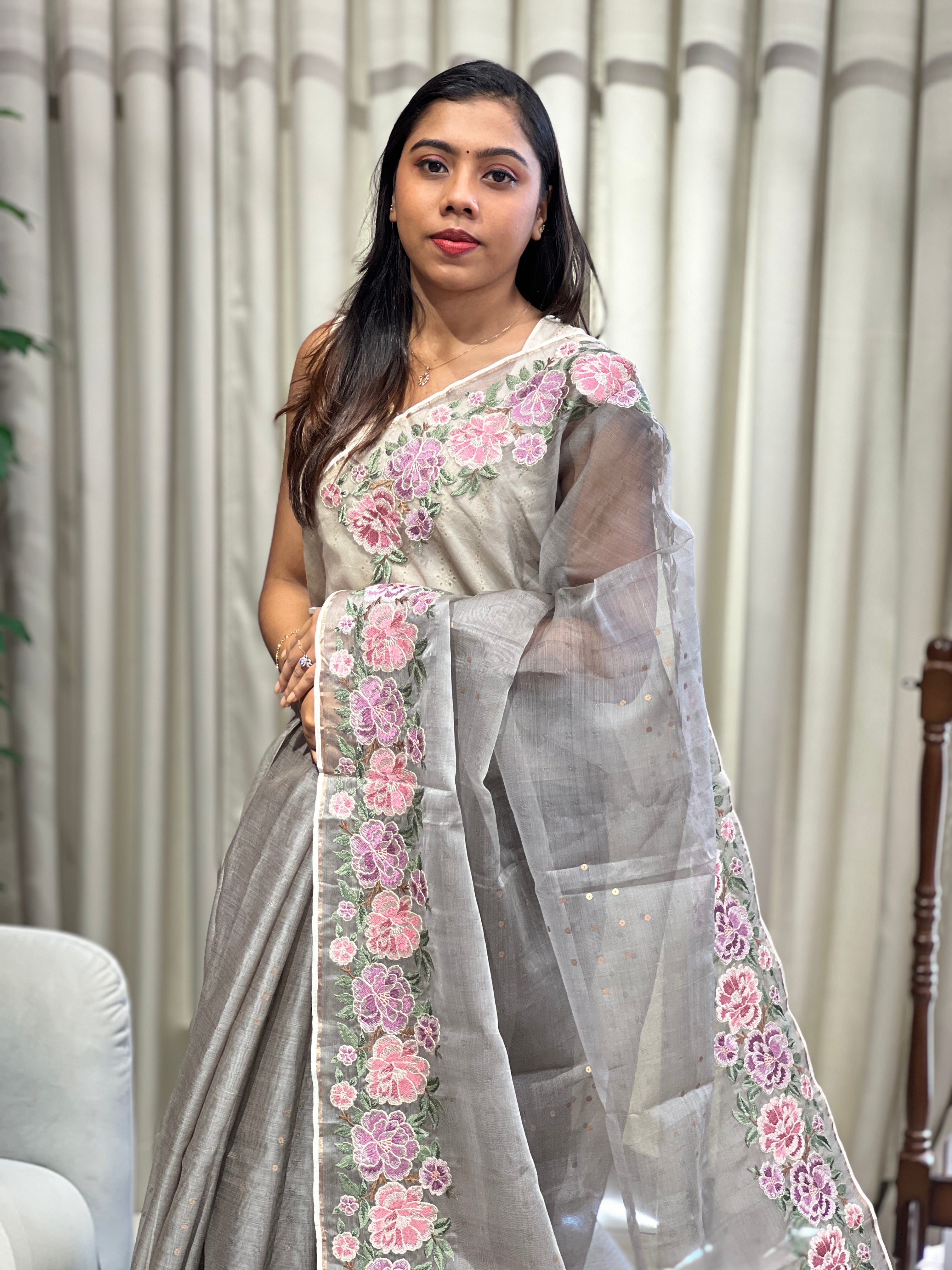 Floral Embroidery Tussar Organza Saree | RGD204
