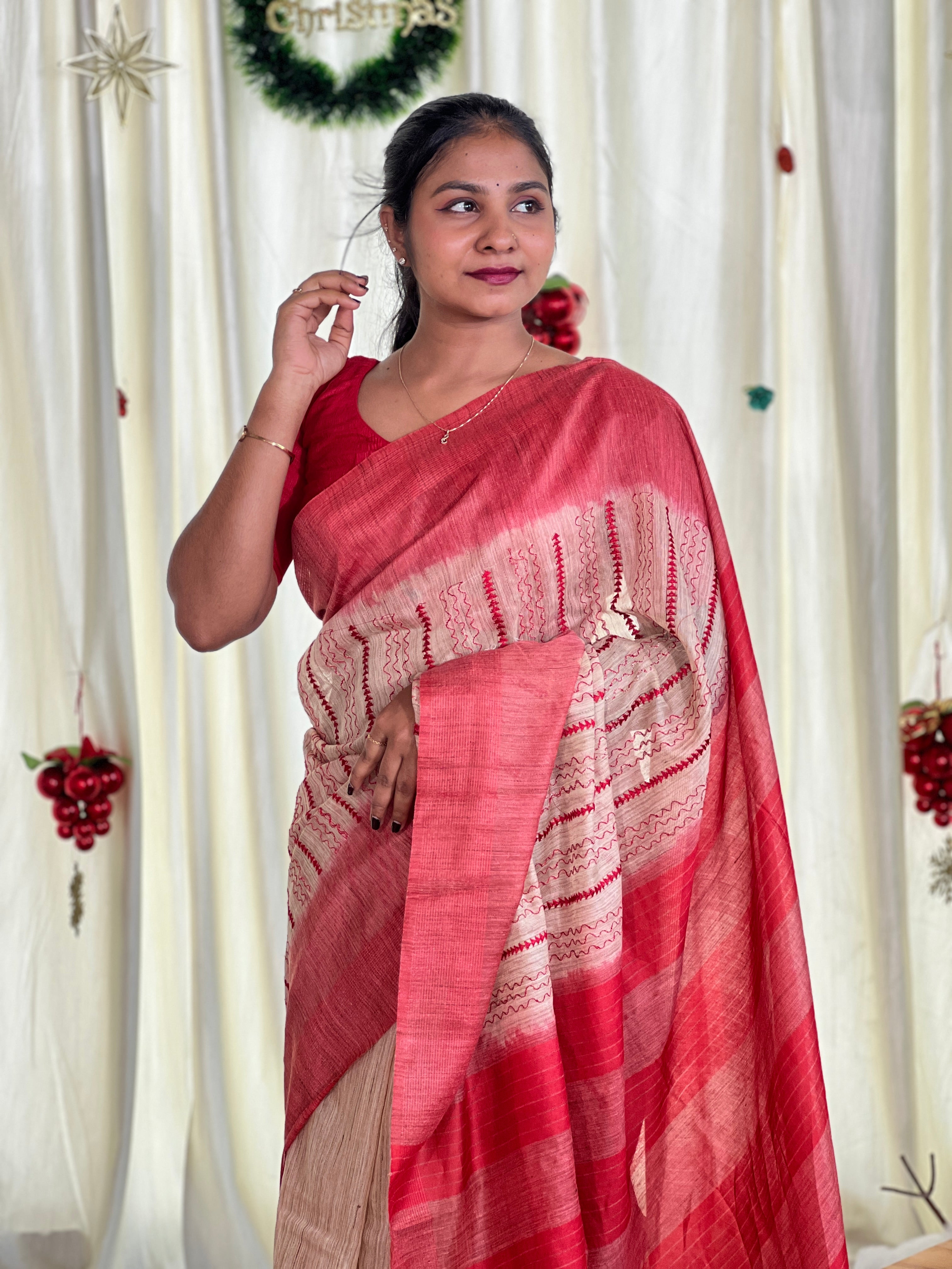Machine Embroidery Detailed Bhagalpuri Linen Saree | NHH581