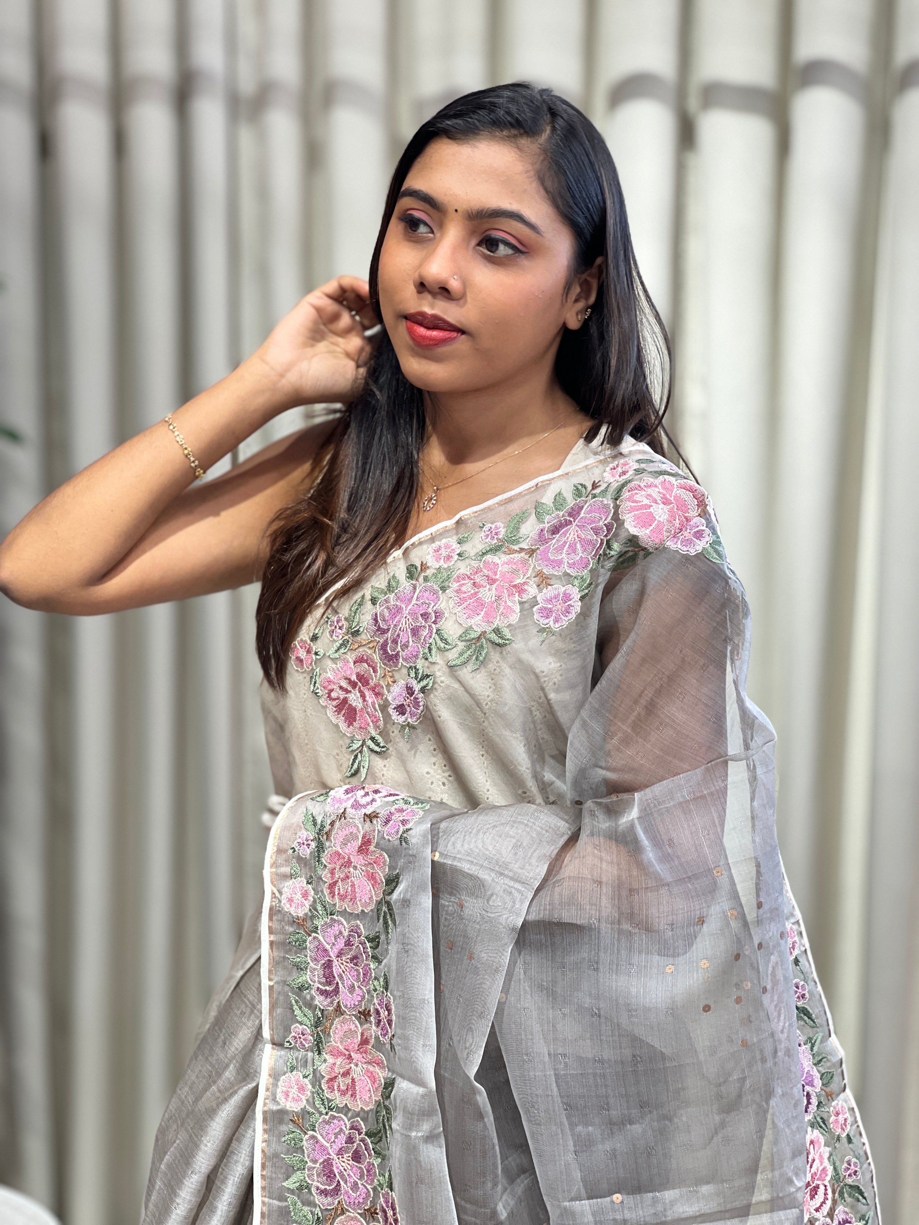 Floral Embroidery Tussar Organza Saree | RGD204