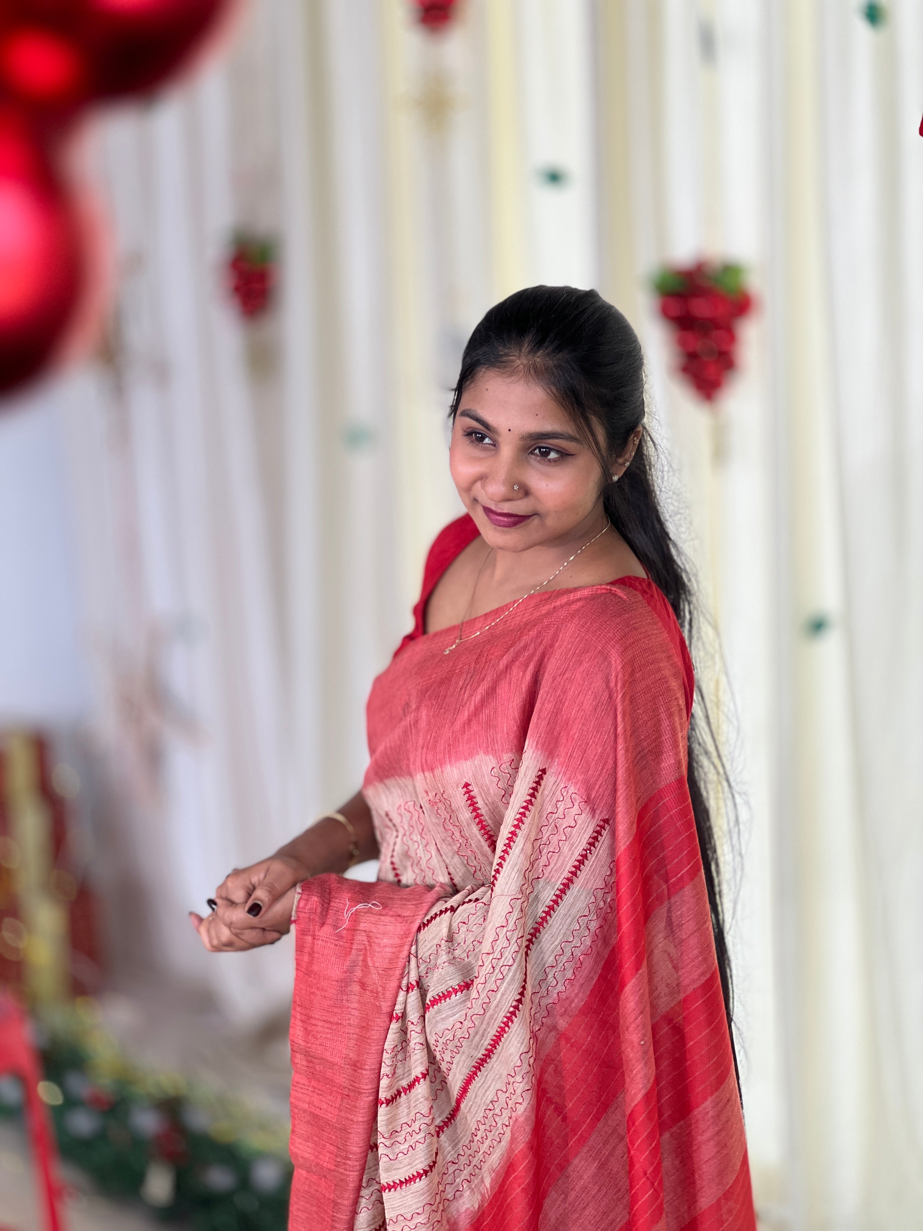 Machine Embroidery Detailed Bhagalpuri Linen Saree | NHH581