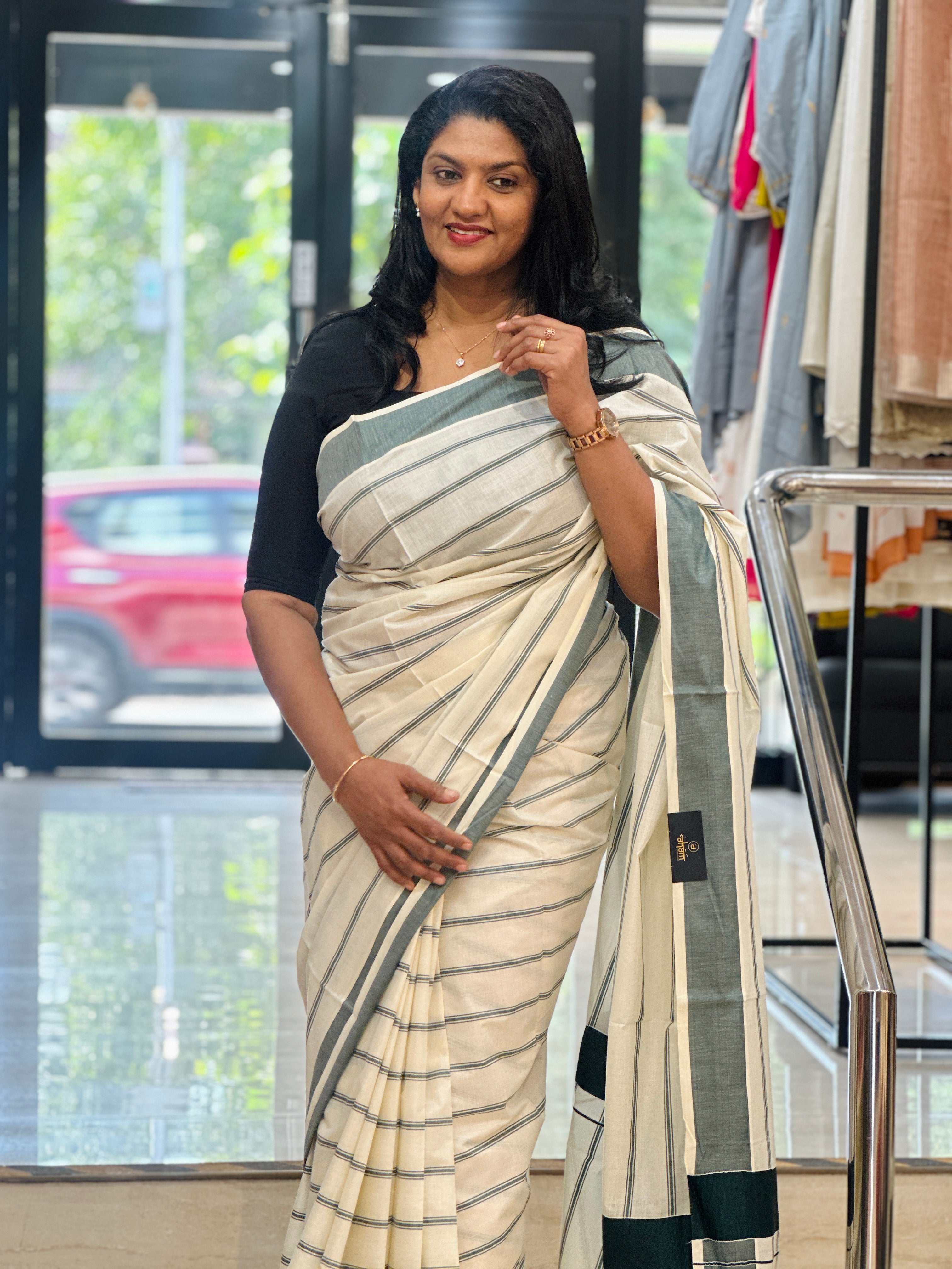 Horizontal Stripe Pattern Kerala Cotton Saree | RLF107