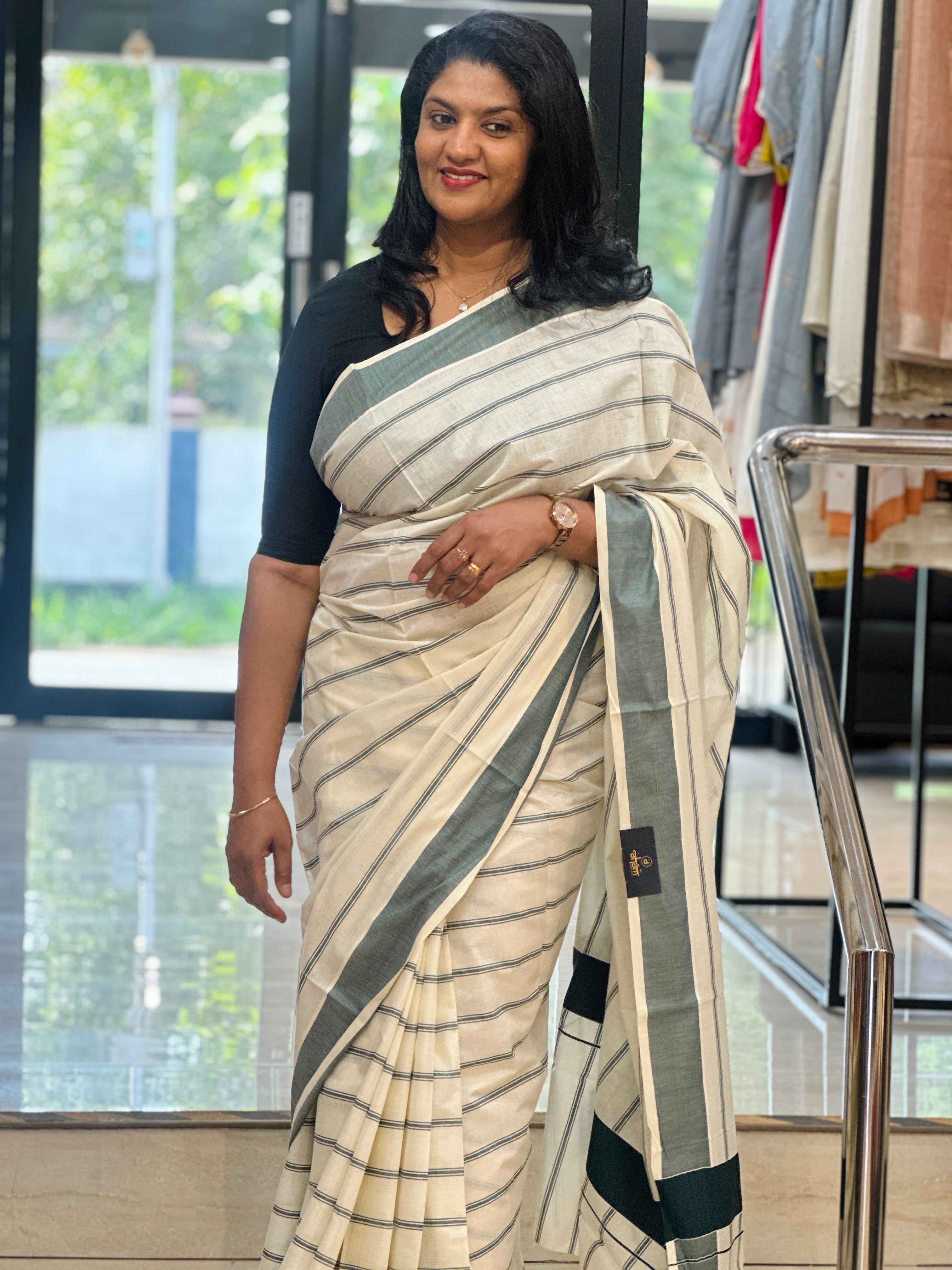 Horizontal Stripe Pattern Kerala Cotton Saree | RLF107
