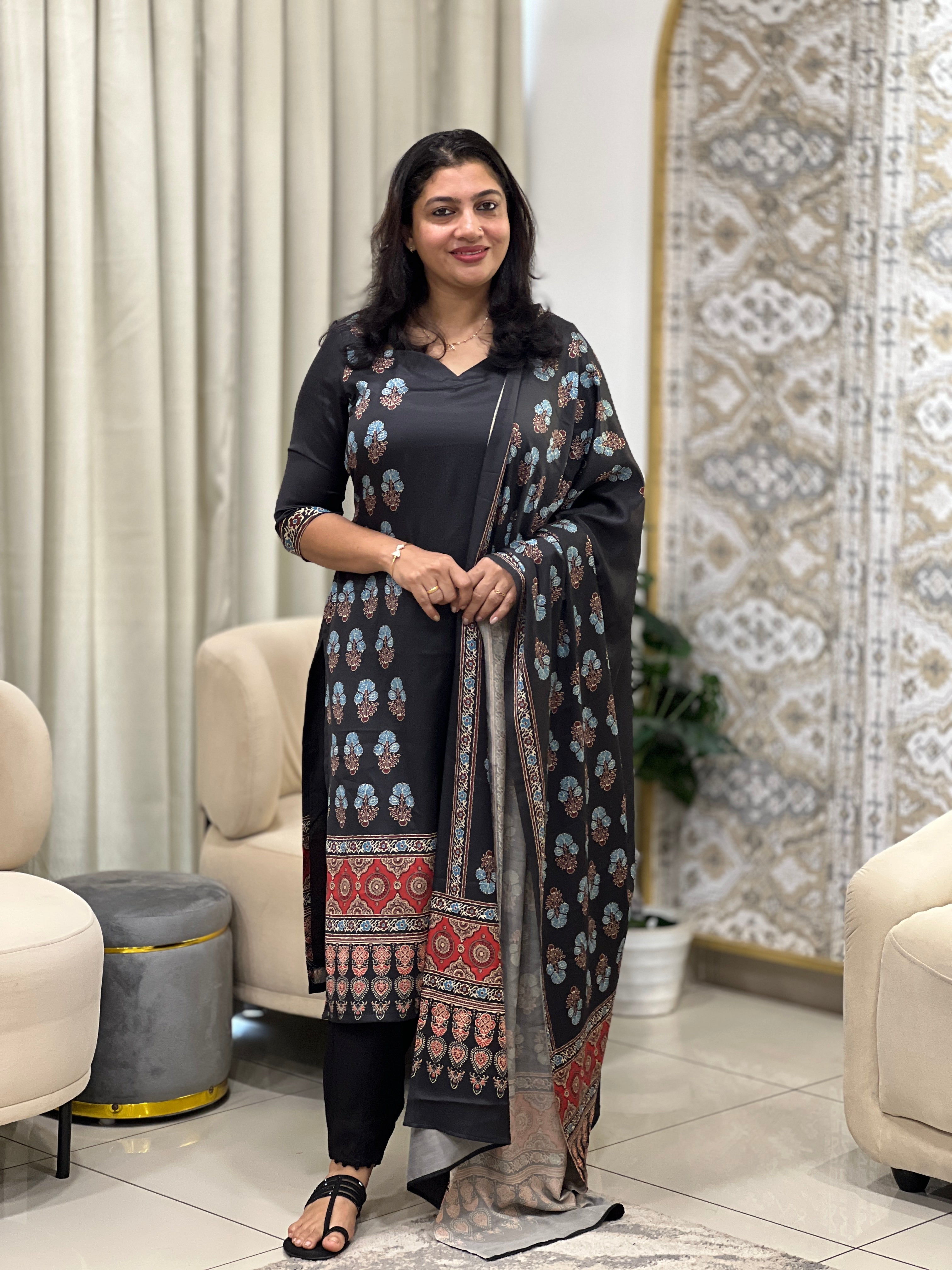 Ajark Inspired Print Pattern Semi Modal Unstitched Salwar Set | HT105