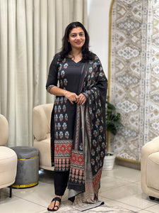 Ajark Inspired Print Pattern Semi Modal Unstitched Salwar Set | HT105