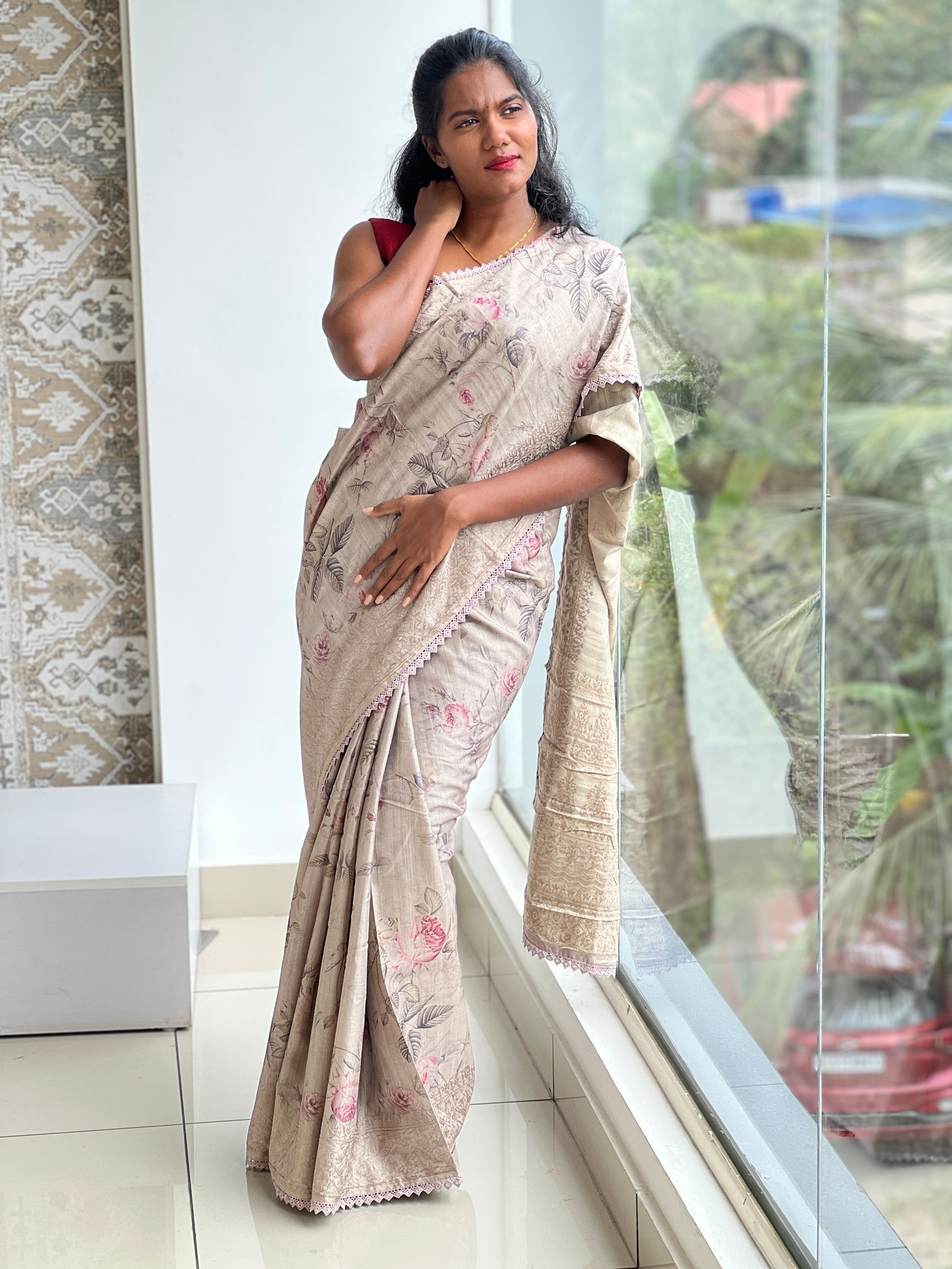 Floral Digital Printed Tussar Finish Saree | SUN304