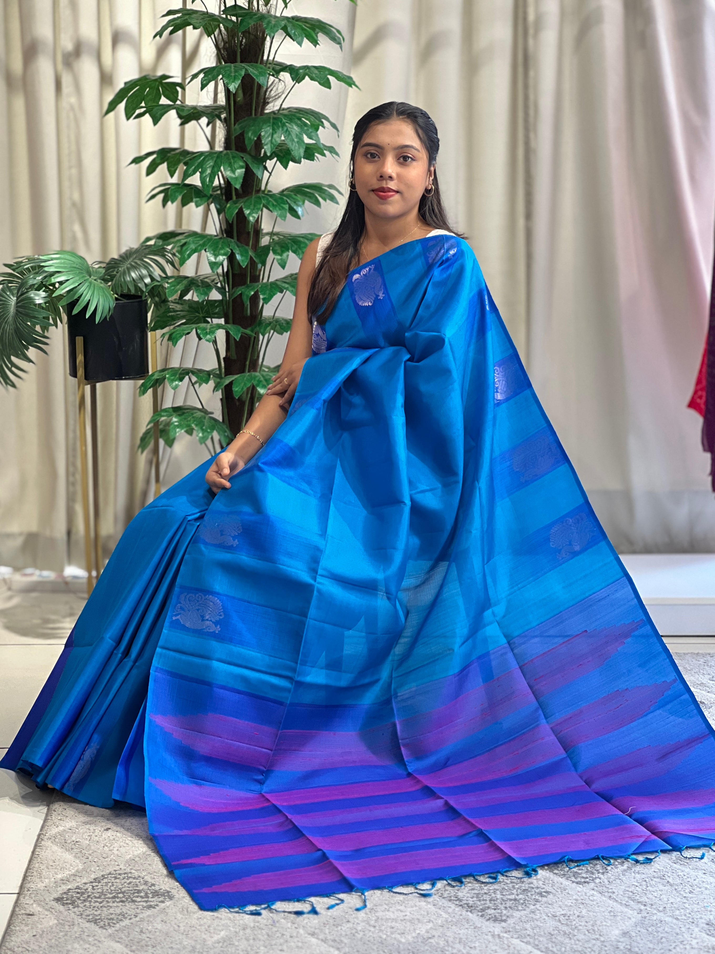 Peacock Motif Bordered Soft Silk Saree | SMT201