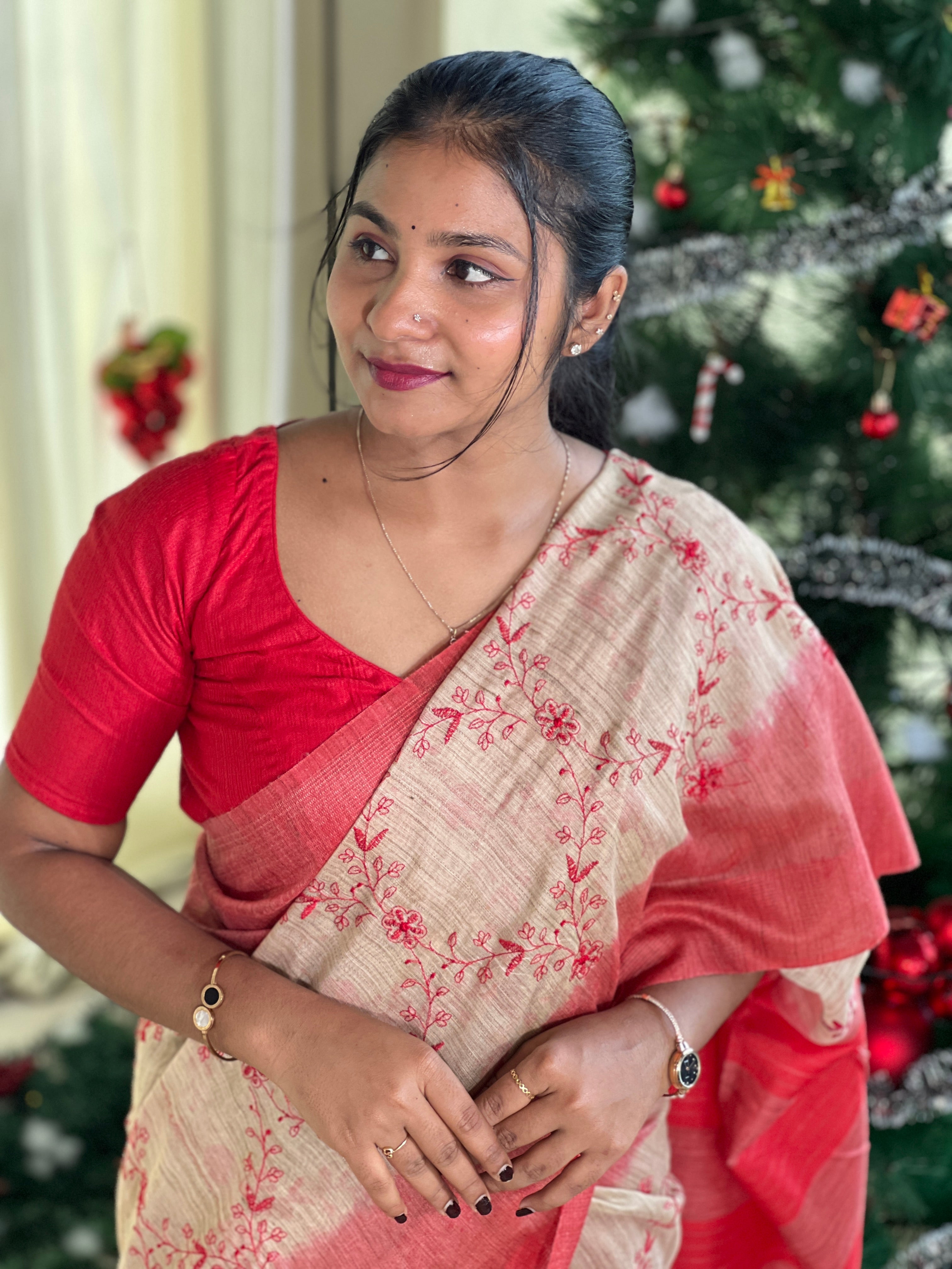 Machine Embroidery Detailed Bhagalpuri Linen Saree | NHH580