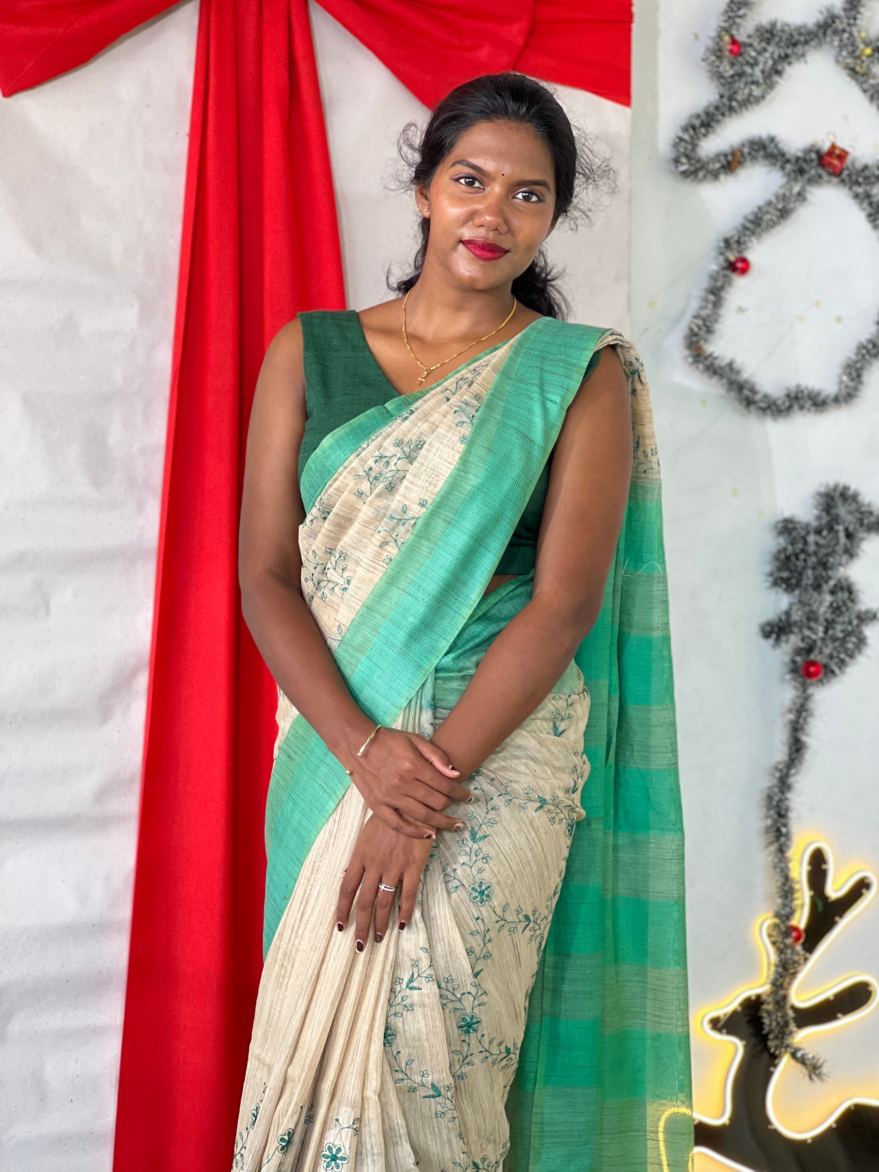 Floral Machine Embroidery Bhagalpuri Linen Saree | NHH582