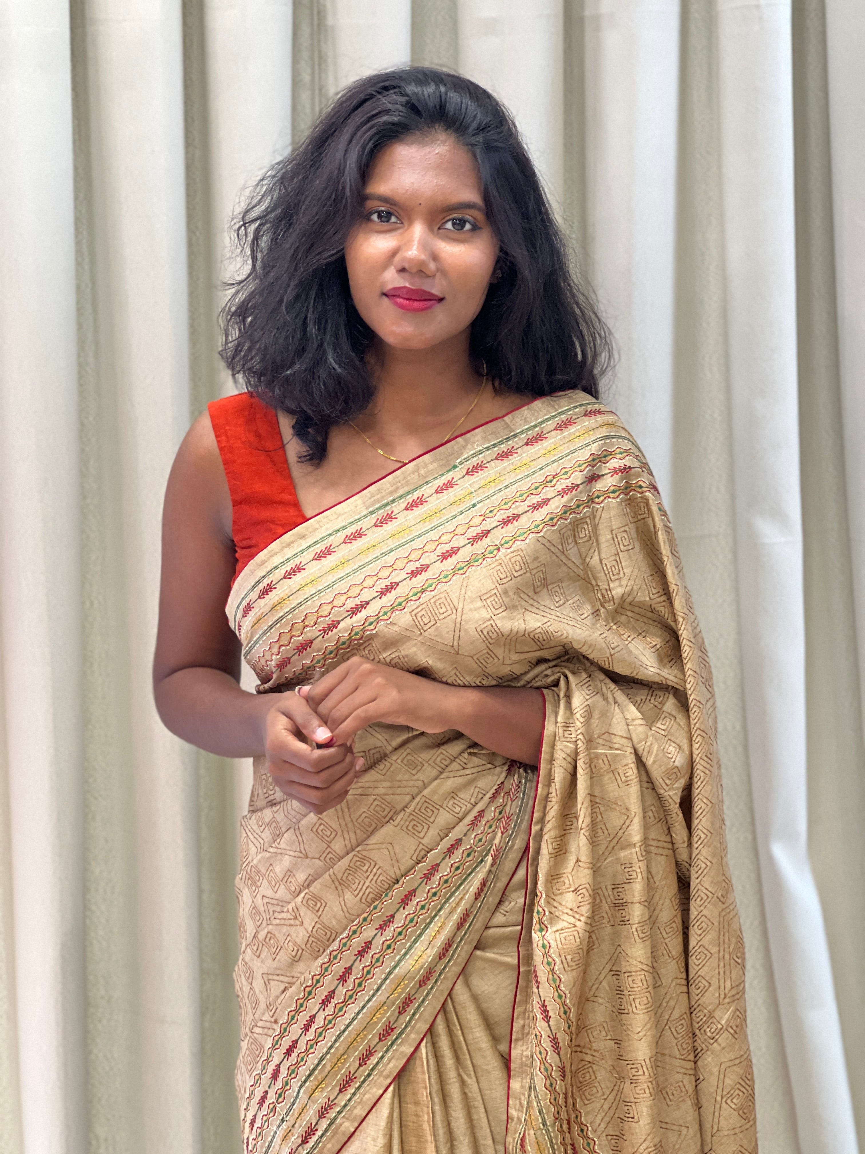 Machine Embroidery Geometric Patterned Semi Tussar Saree | SUN485