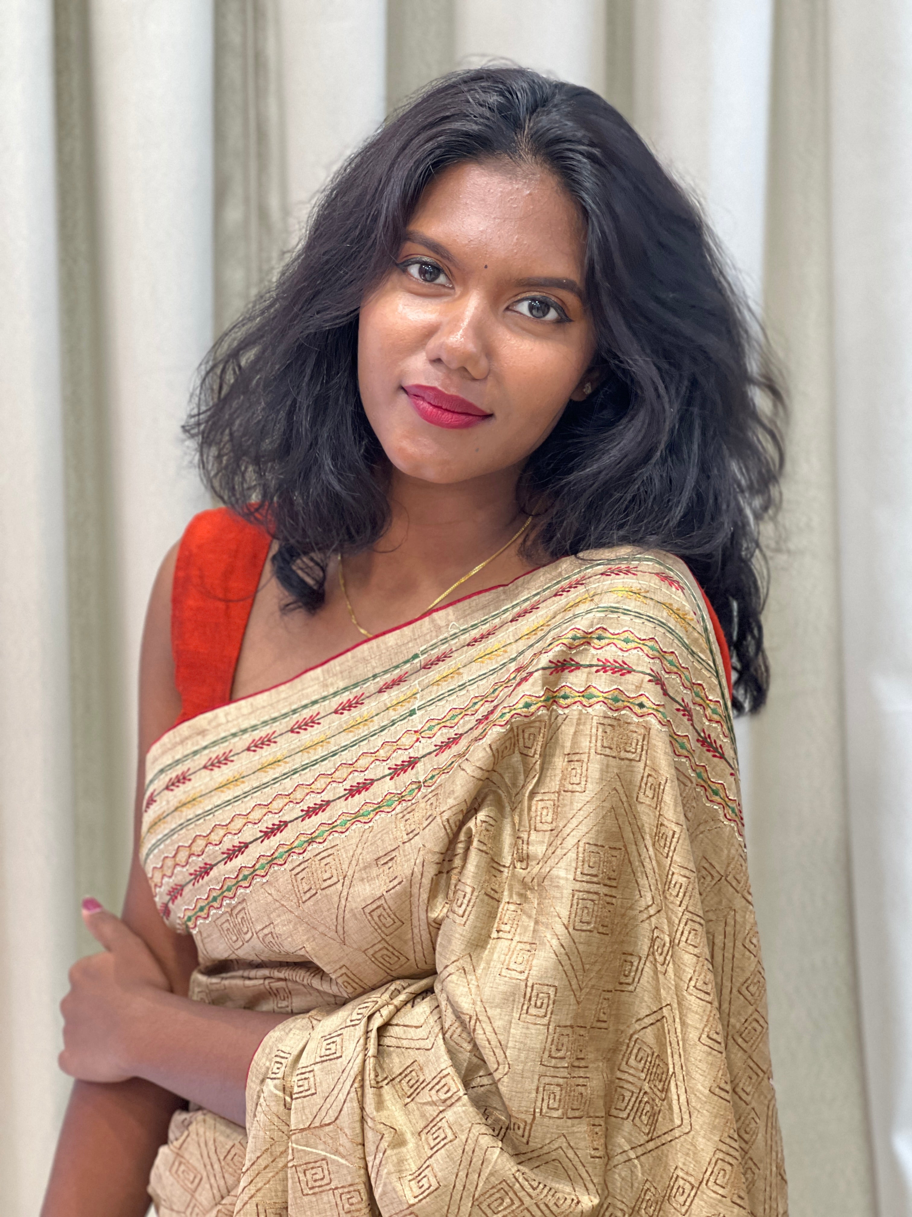 Machine Embroidery Geometric Patterned Semi Tussar Saree | SUN485