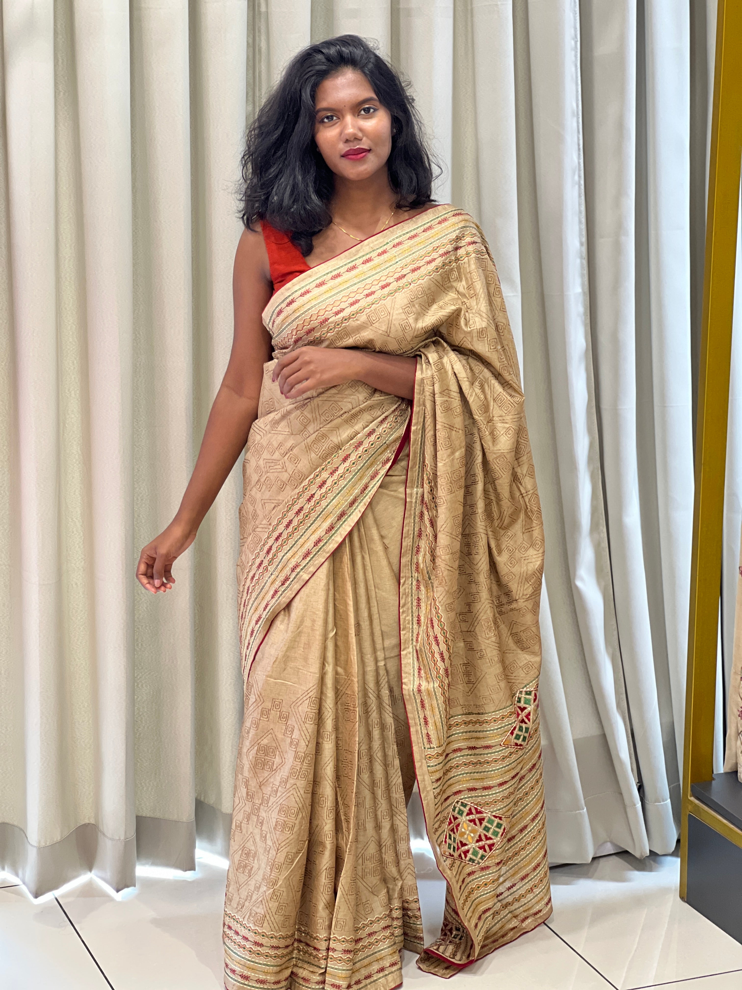 Machine Embroidery Geometric Patterned Semi Tussar Saree | SUN485