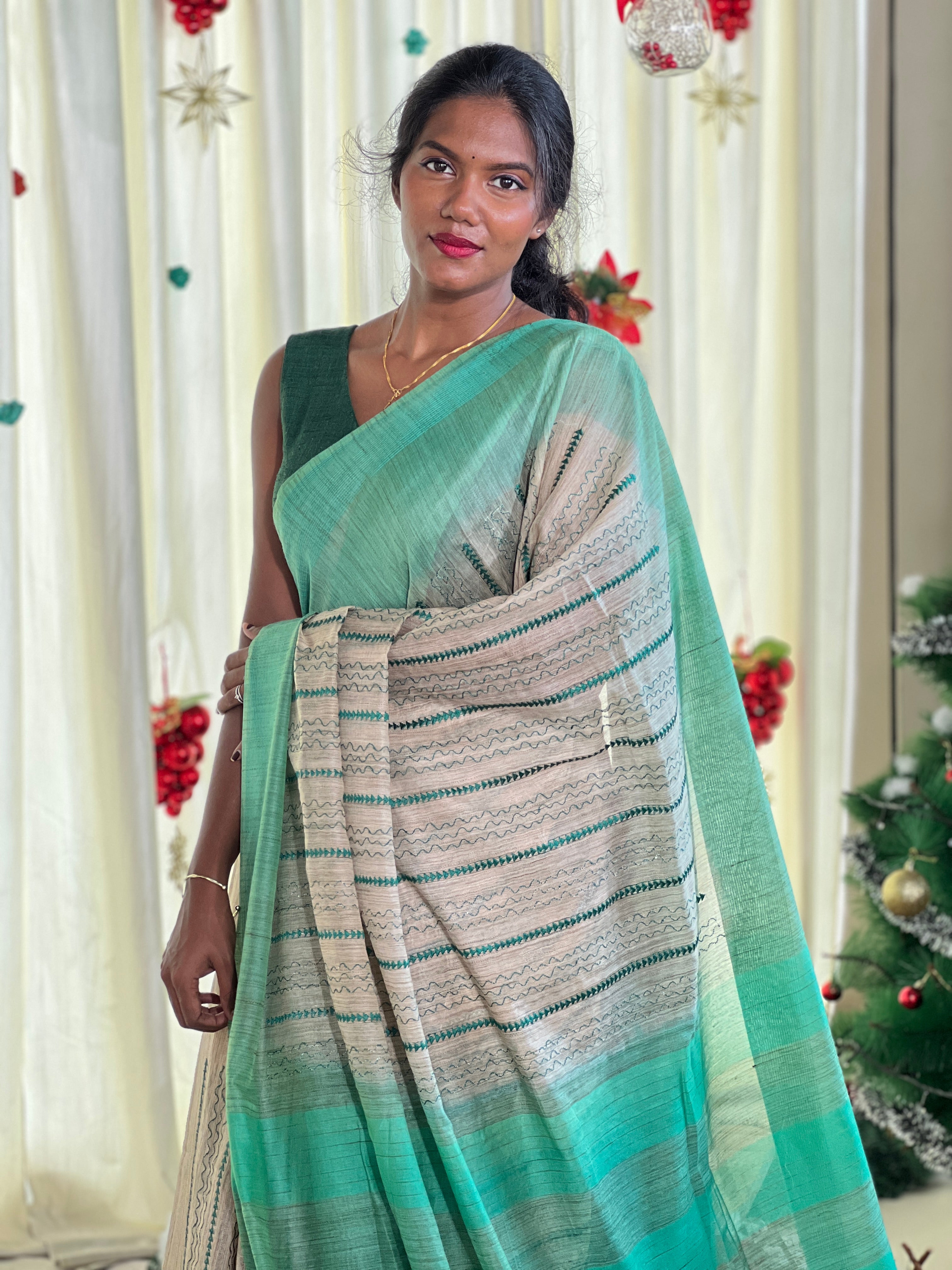 Machine Embroidery Bhagalpuri Linen Saree | NHH585