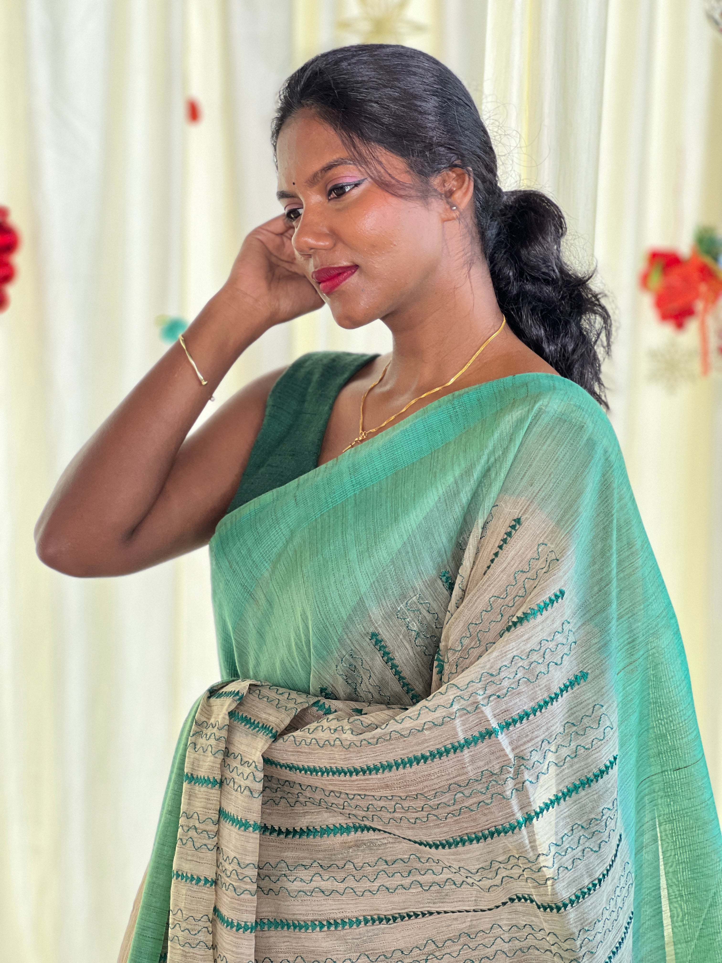 Machine Embroidery Bhagalpuri Linen Saree | NHH585